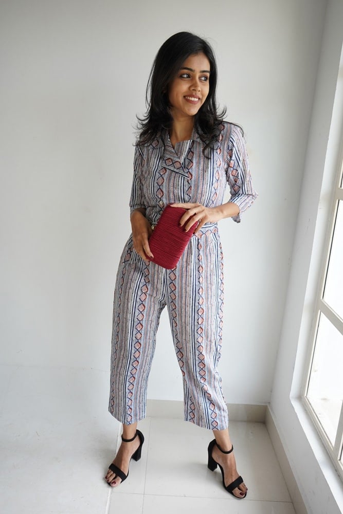 Shiny jumpsuit - Abstract printed cotton culotte jumpsuit in shades of blue in red