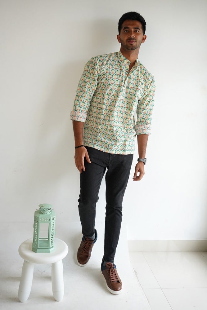 Trishul -  hand block Trident printed cotton shirt in light green