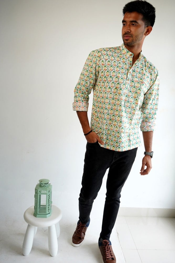 Trishul -  hand block Trident printed cotton shirt in light green