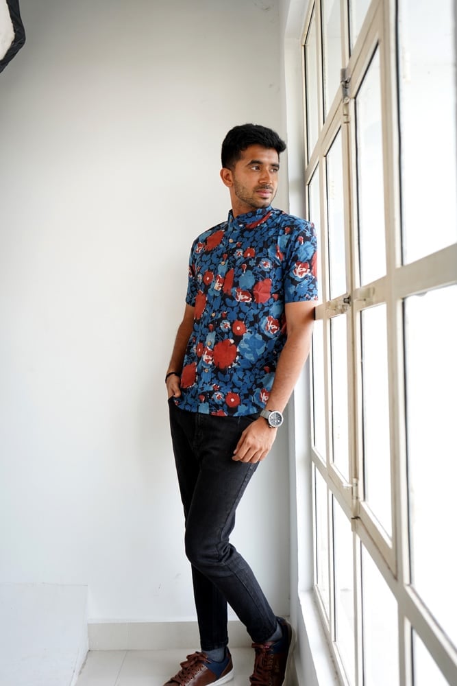 Dhruv - hand block ajrakh dabu artsy printed half hand cotton shirt in blue and red