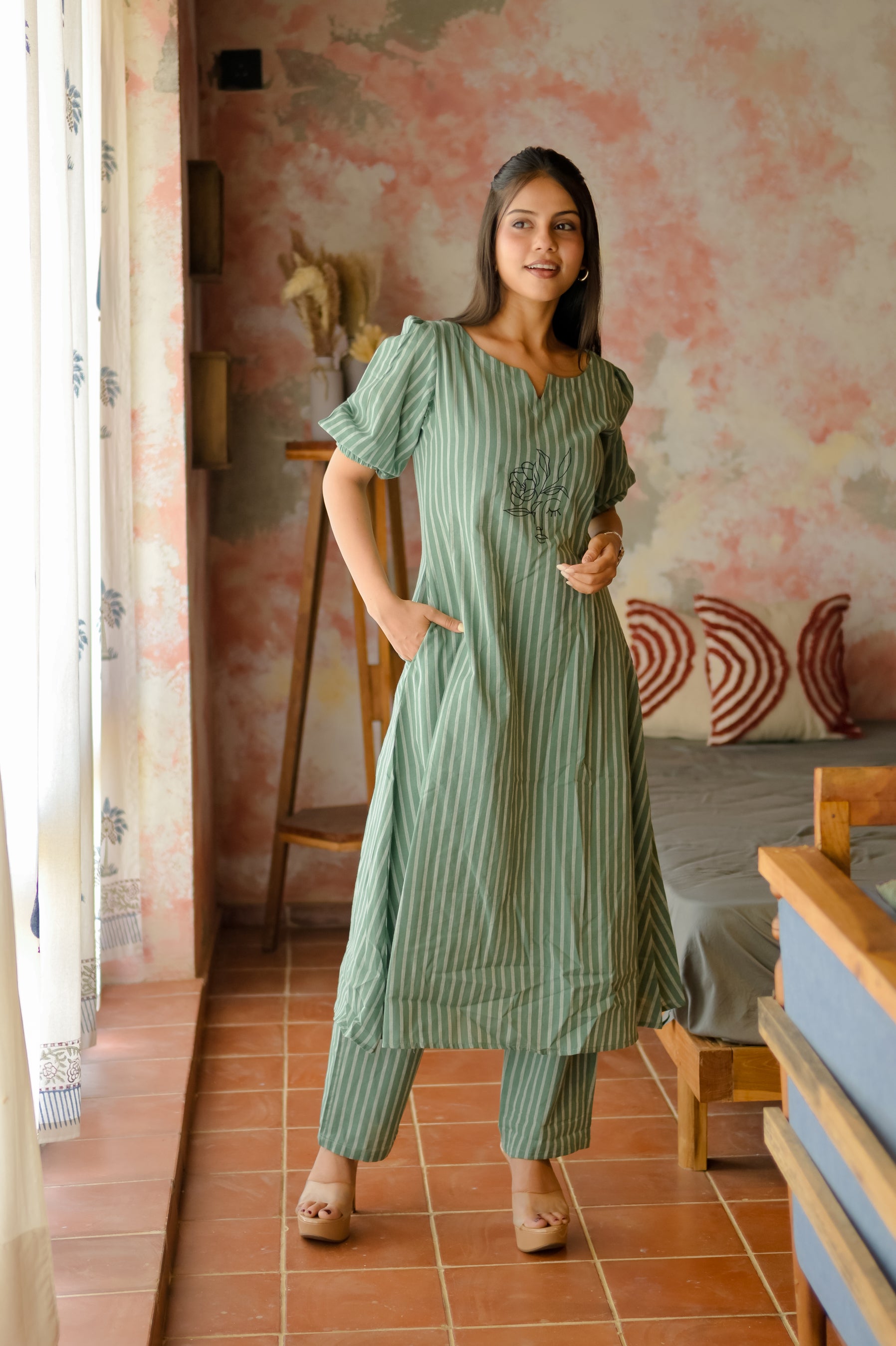 Sage Whisper Coord Set - Handloom Cotton Kurta Set in Soft muted green