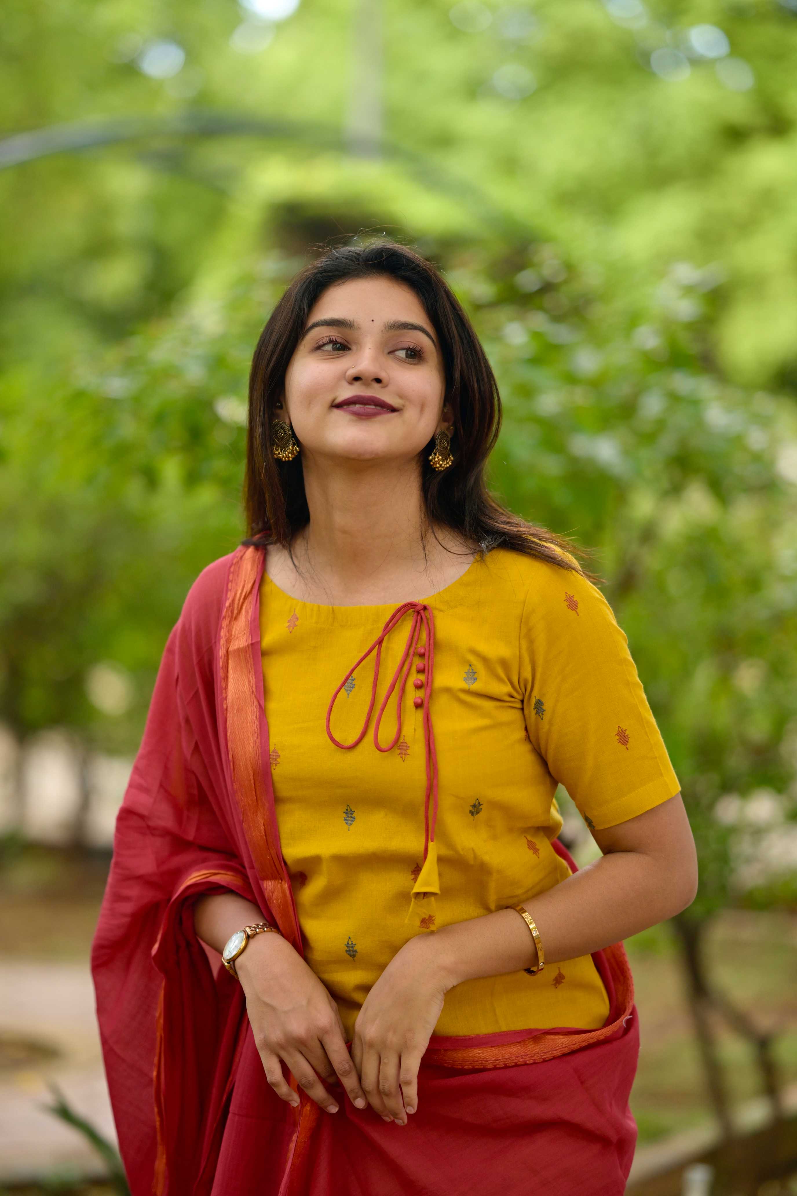 Nithya (yellow) - handloom cotton suit set in yellow and mustard red with kota silk dupatta