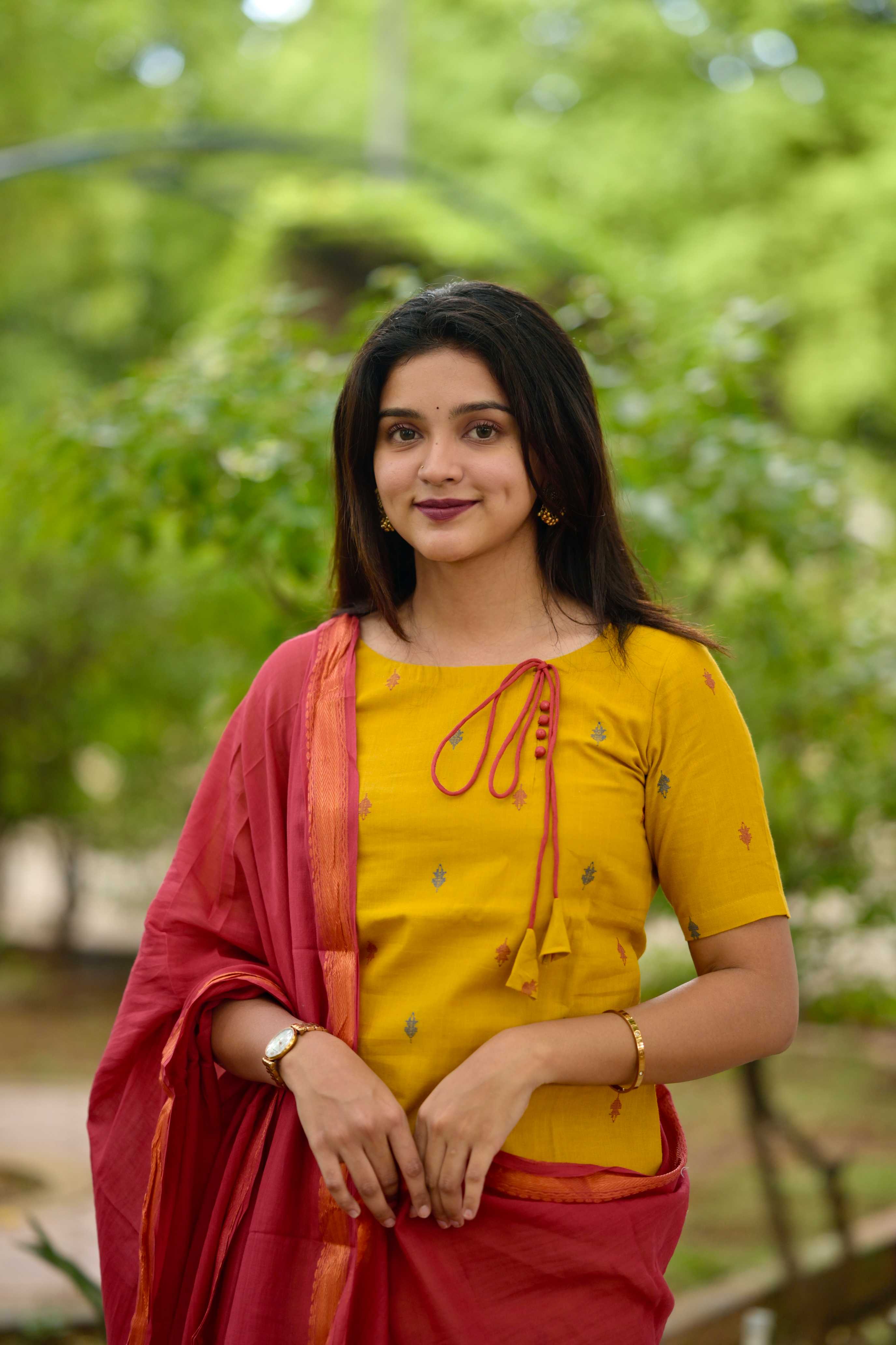 Nithya (yellow) - handloom cotton suit set in yellow and mustard red with kota silk dupatta