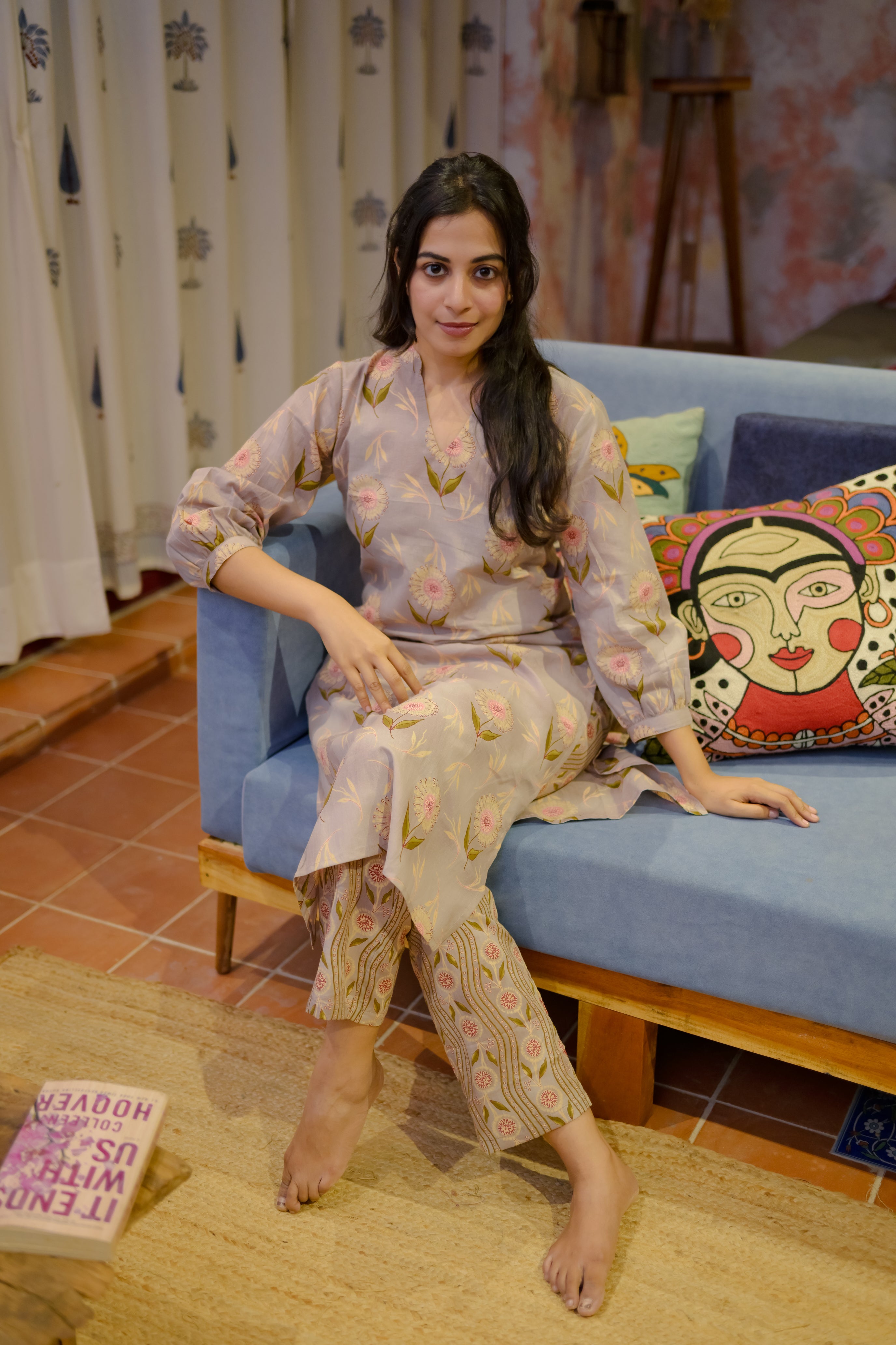 Mauval (Lavender-grey) - Handloom cotton Kurta Set with Soft Bloom in dusty Lavender-grey