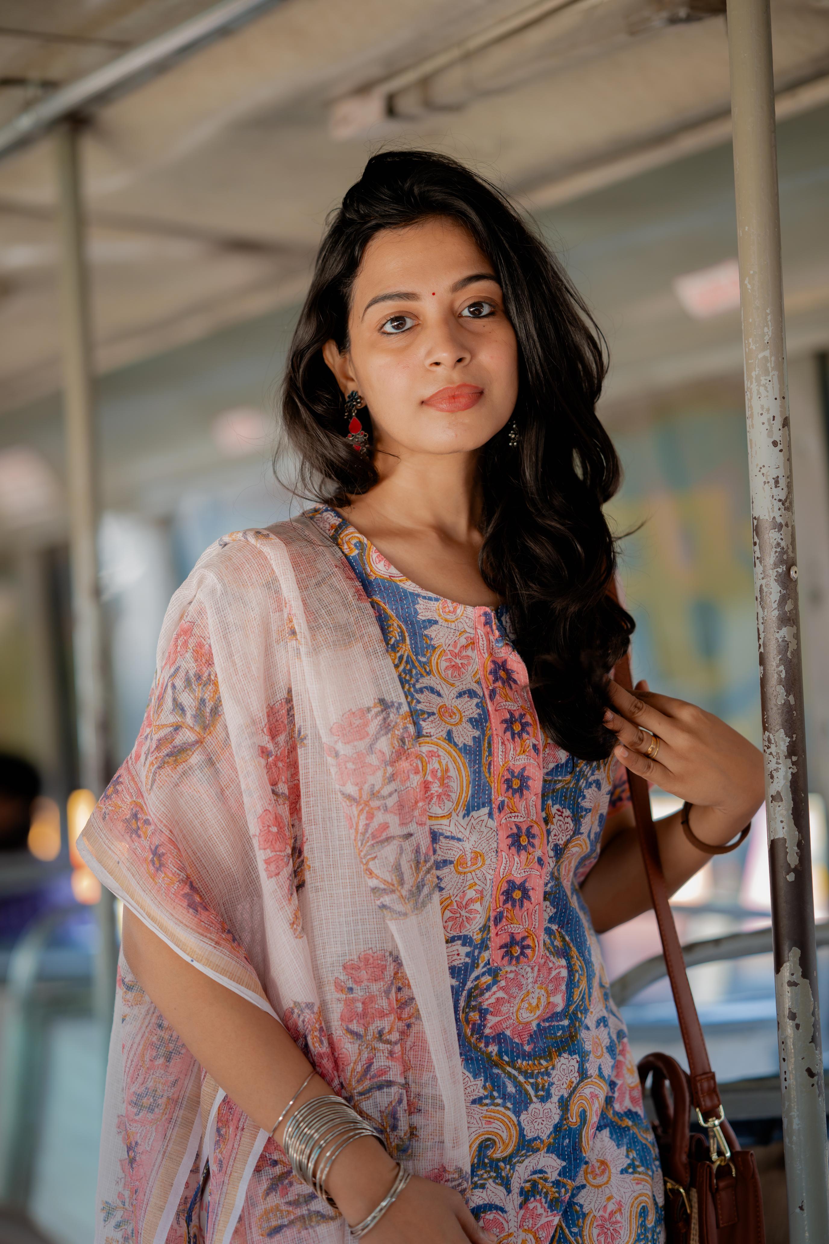 Alka - hand block printed katha embroidered cotton suit set with kota dupatta in grey & pink