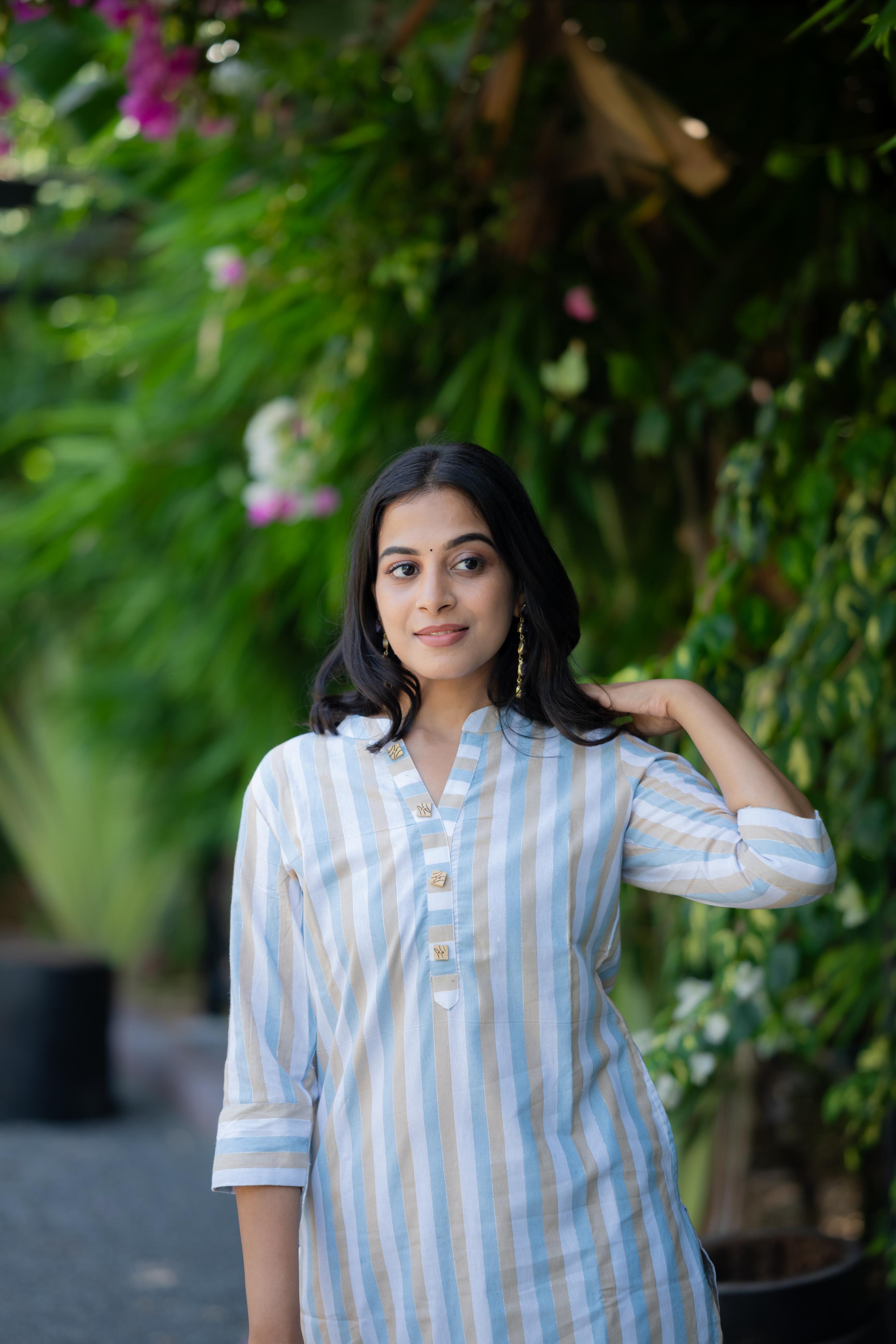 Tamarah( blue ) coord set - striped handloom cotton coord set with lurex lines
