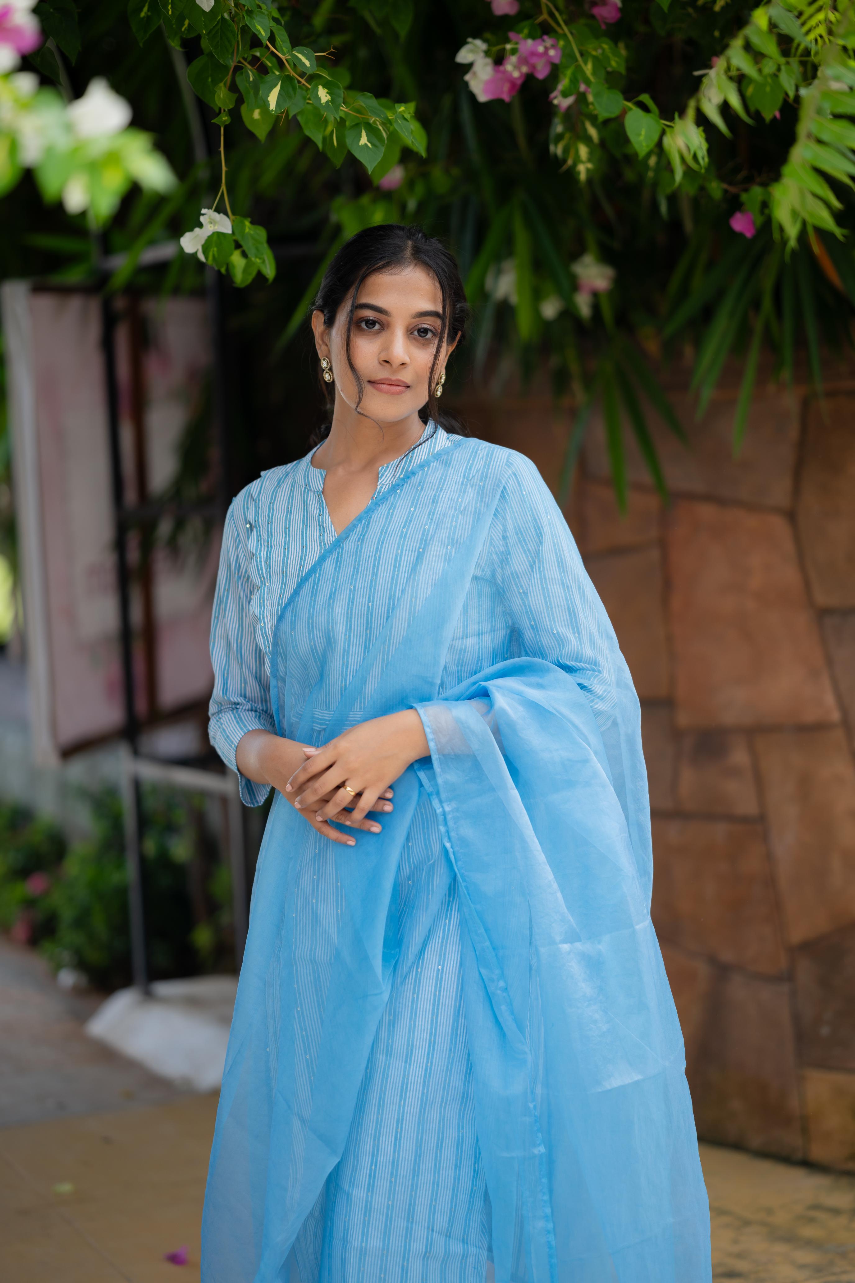 Tanisha - sky blue sequins handloom cotton kurta set with chiffon dupatta