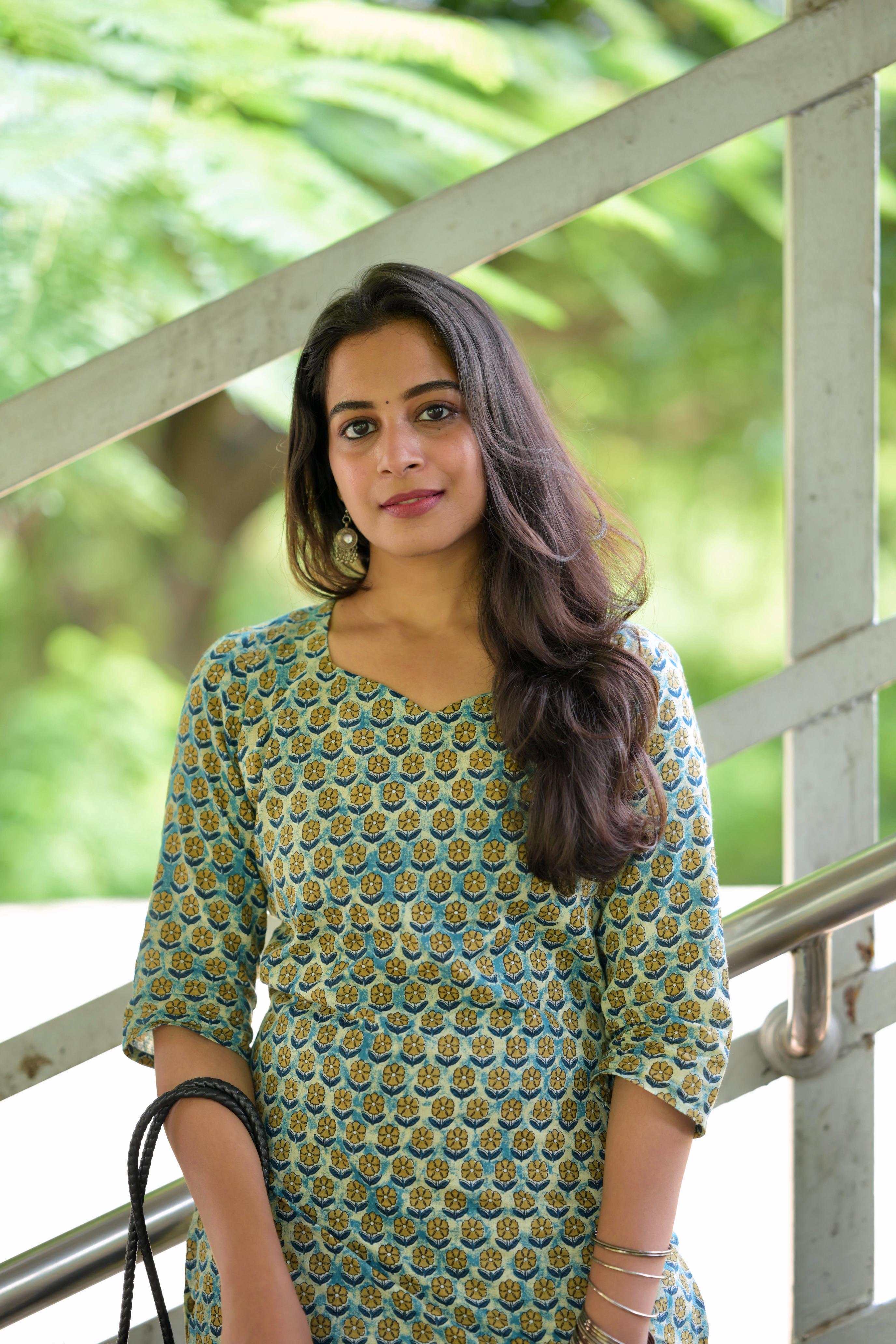 Kurti 104- Floral hand block printed cotton kurta in green & yellow