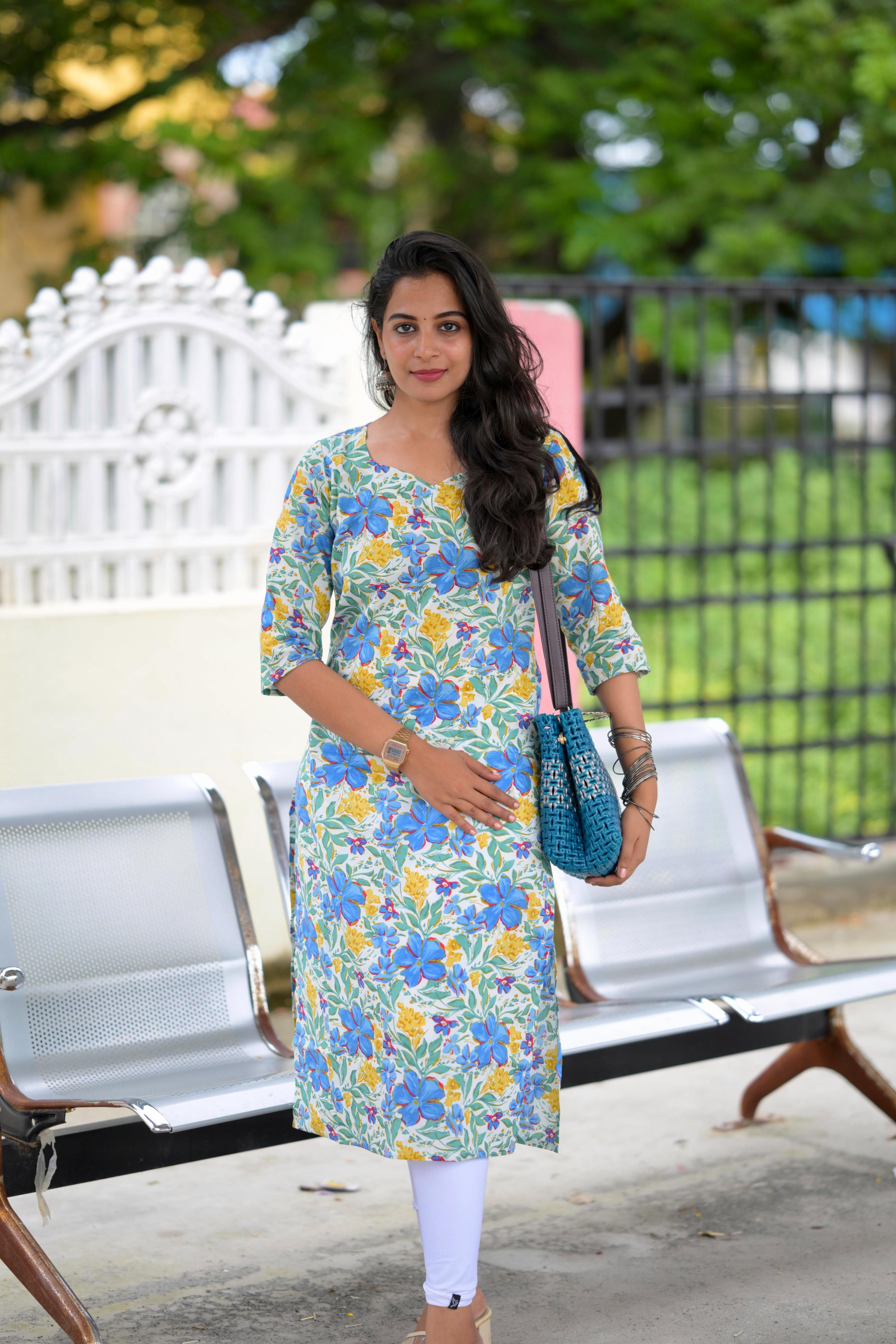 Kurti 91 - multi colour floral hand block printed cotton kurta