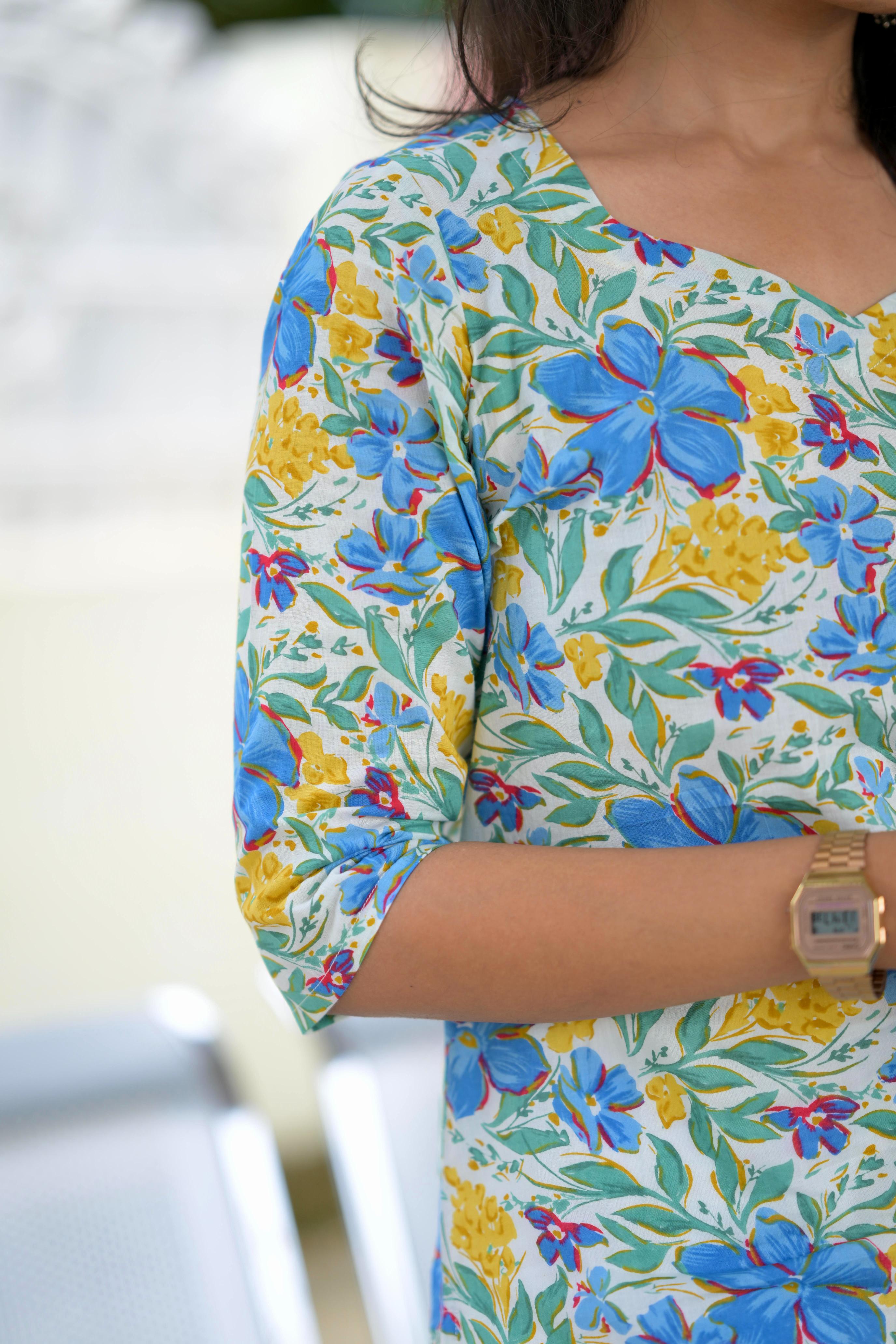 Kurti 91 - multi colour floral hand block printed cotton kurta