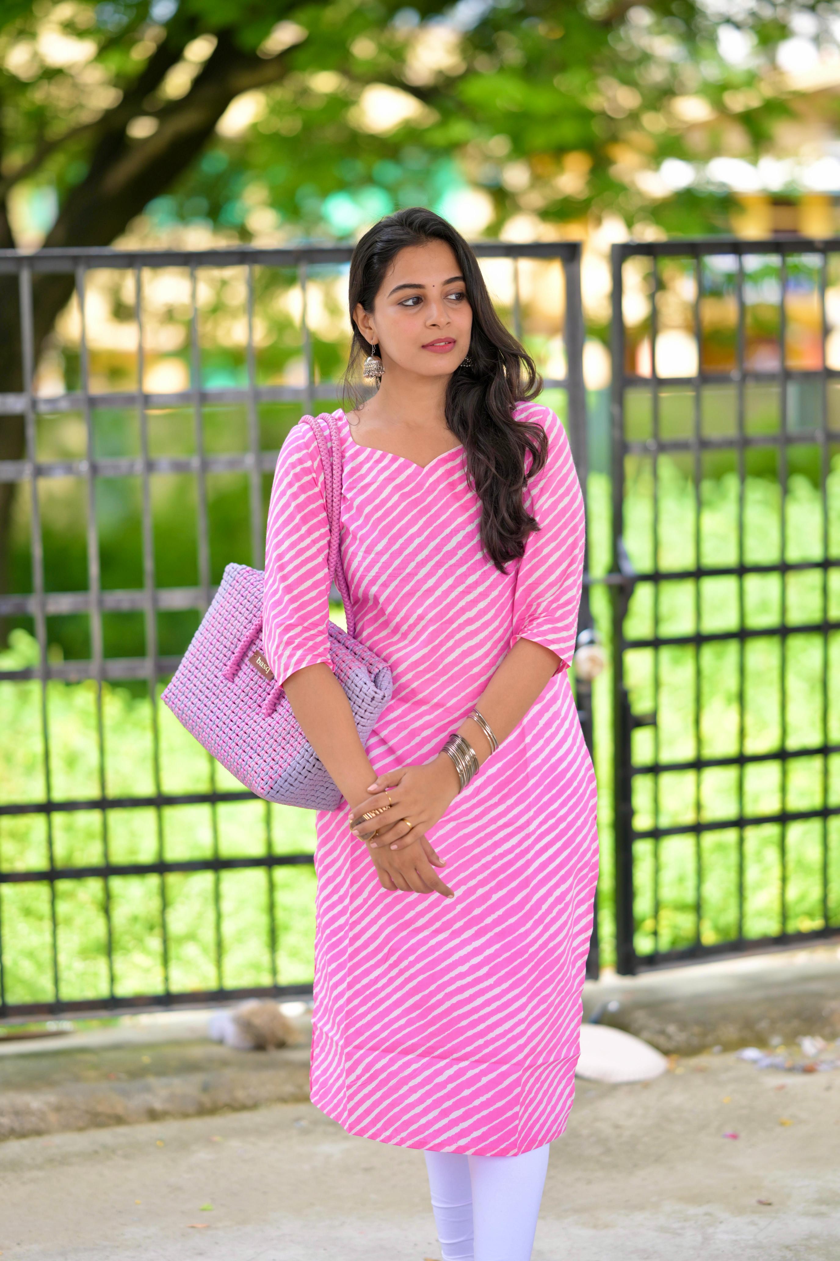 Kurti 97 -  lehriya hand block printed cotton kurta in pink & white