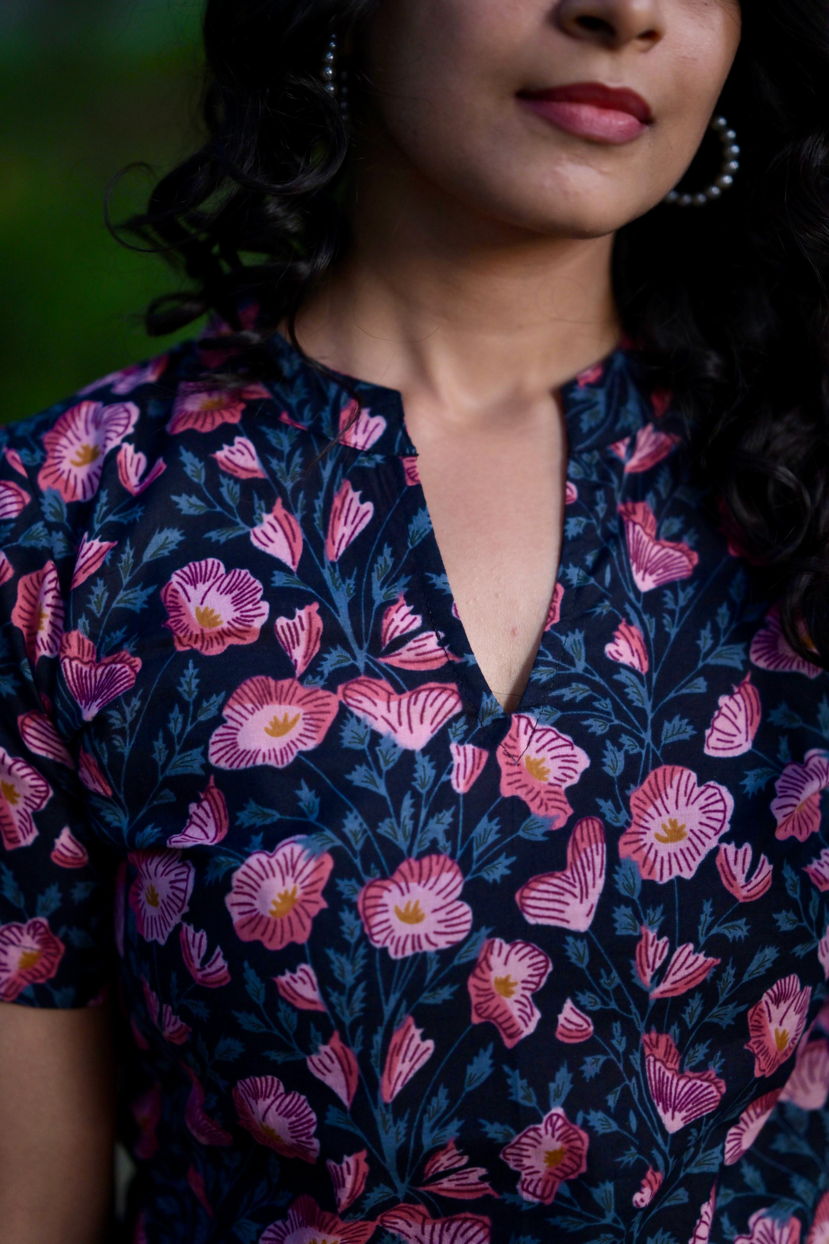 Kurti 105 -  floral  hand block printed cotton kurta in blue & pink