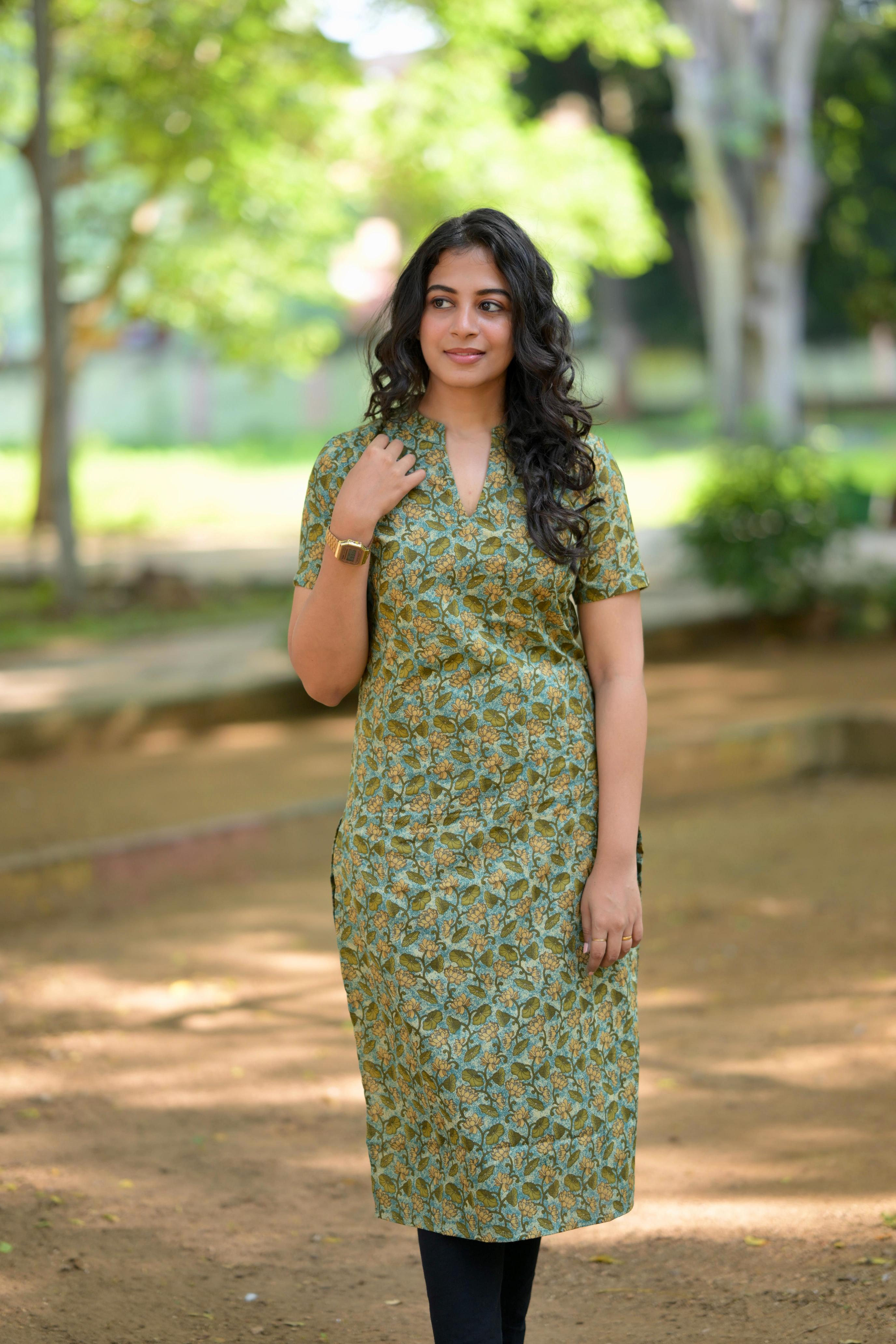 Kurti 102 - Floral hand block printed cotton kurta in green & yellow