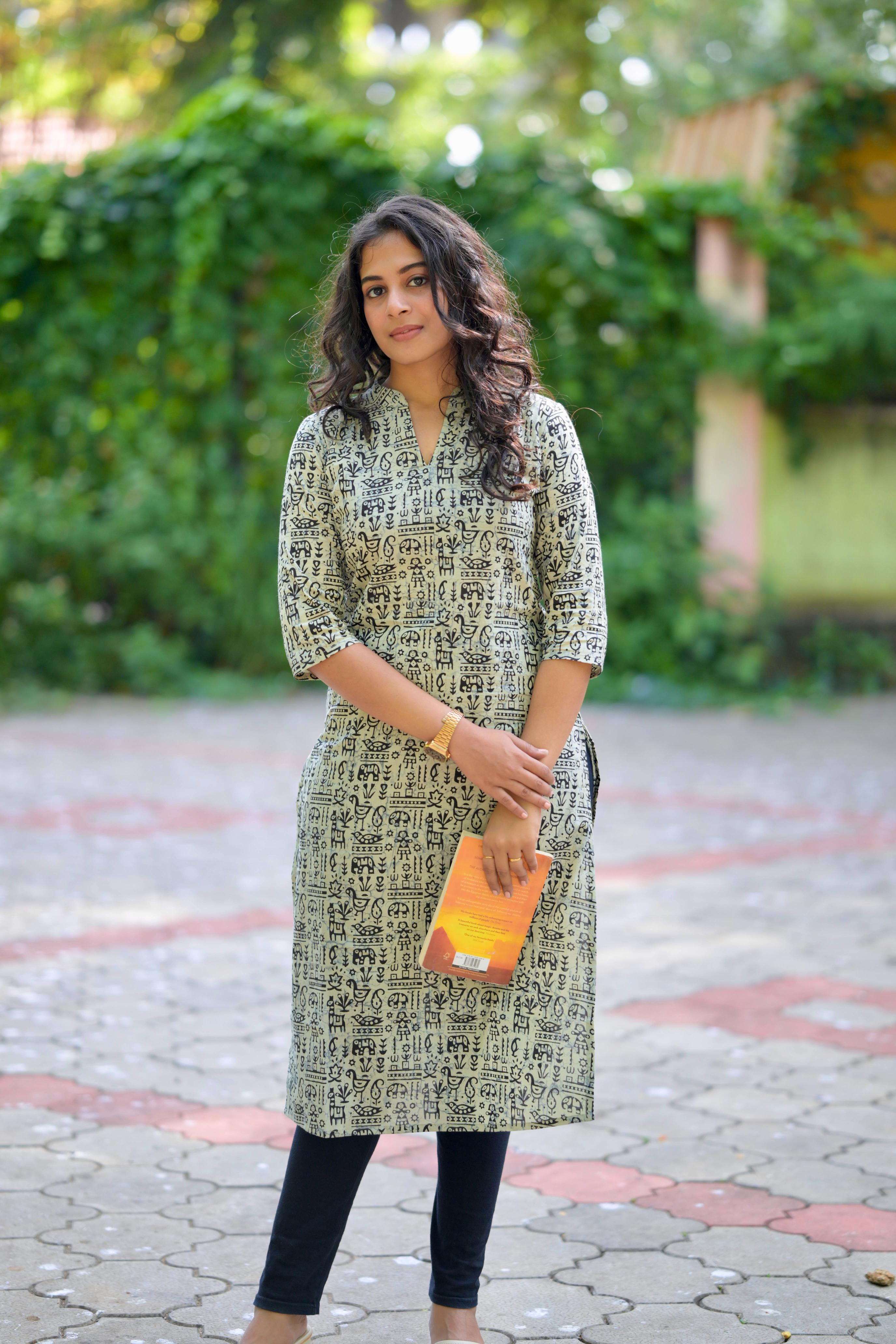 Kurti 95 - shapes hand block printed cotton kurta in white & black