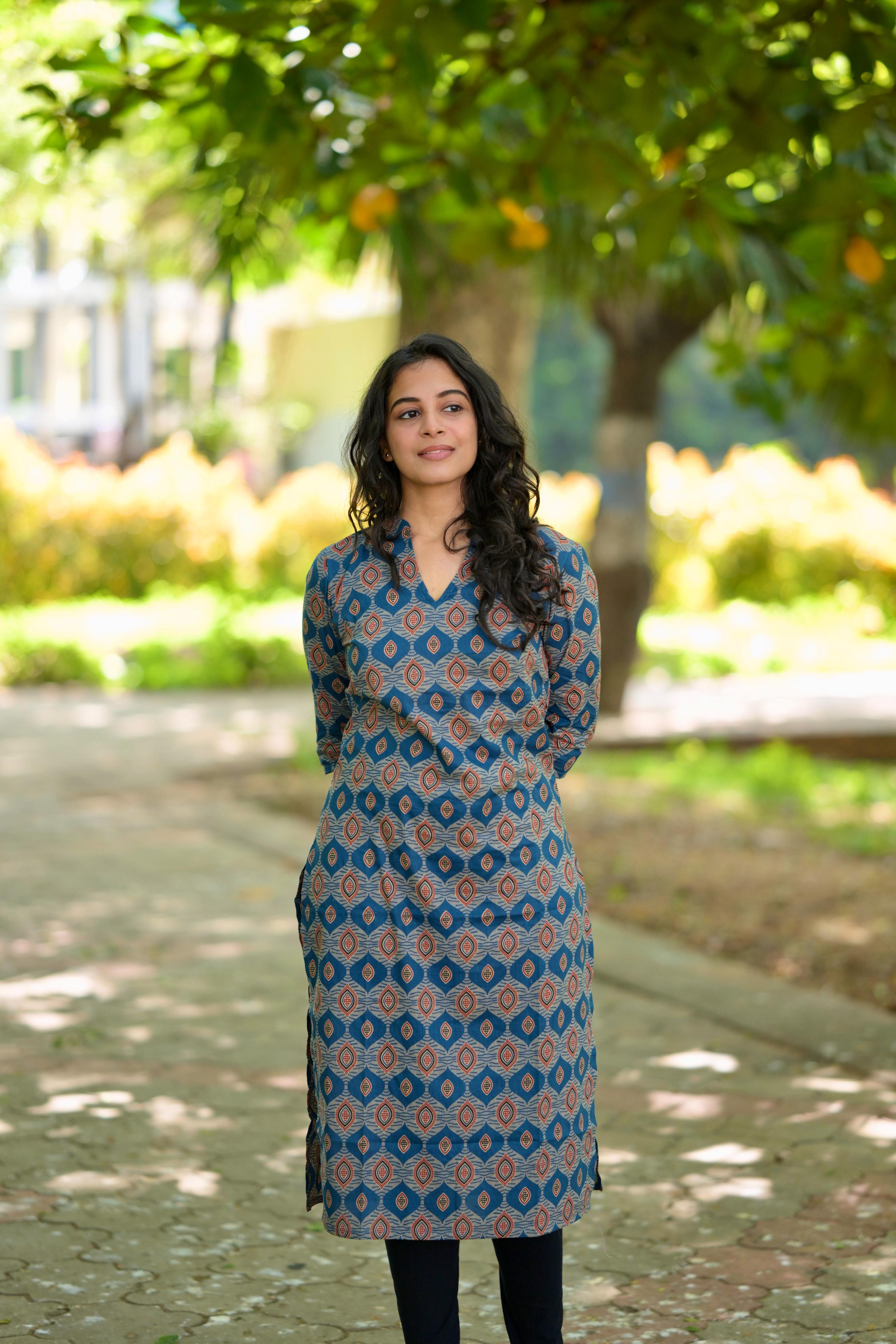 Kurti 90 - ajrakh hand block printed cotton kurta in blue & rust red