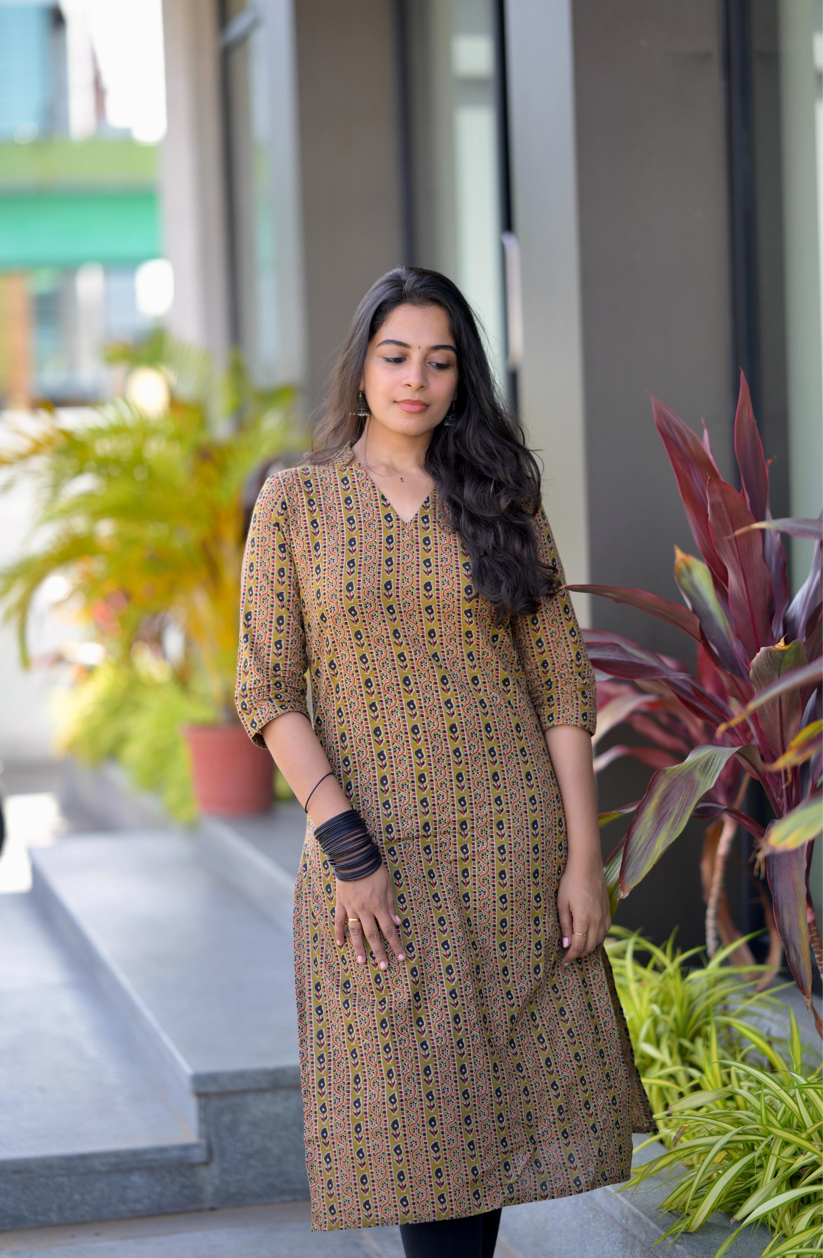 Kurti 92 - ajrakh hand block printed cotton kurta in green & black