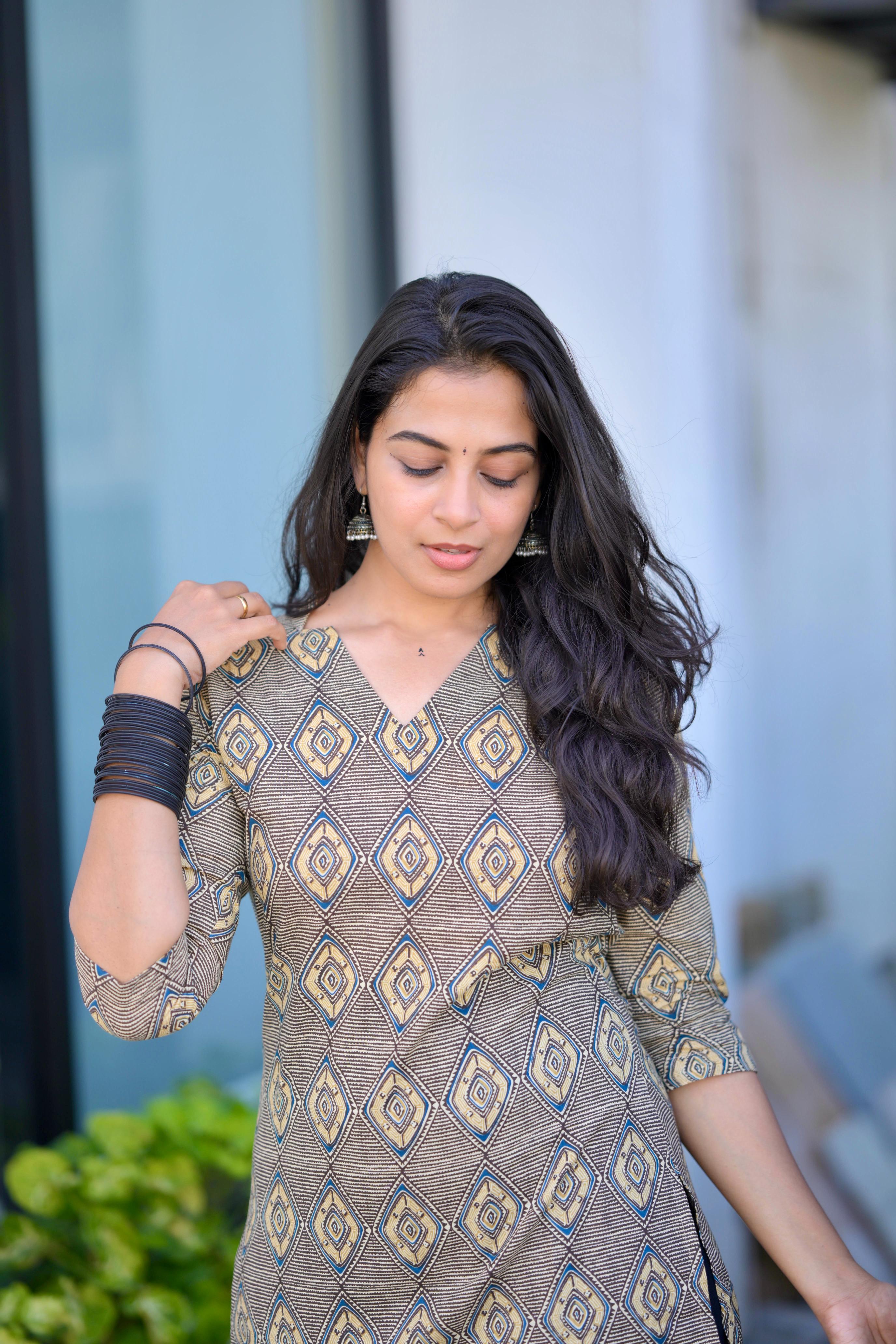 Kurti 96 -   ajrakh hand block printed cotton kurta in green & yellow