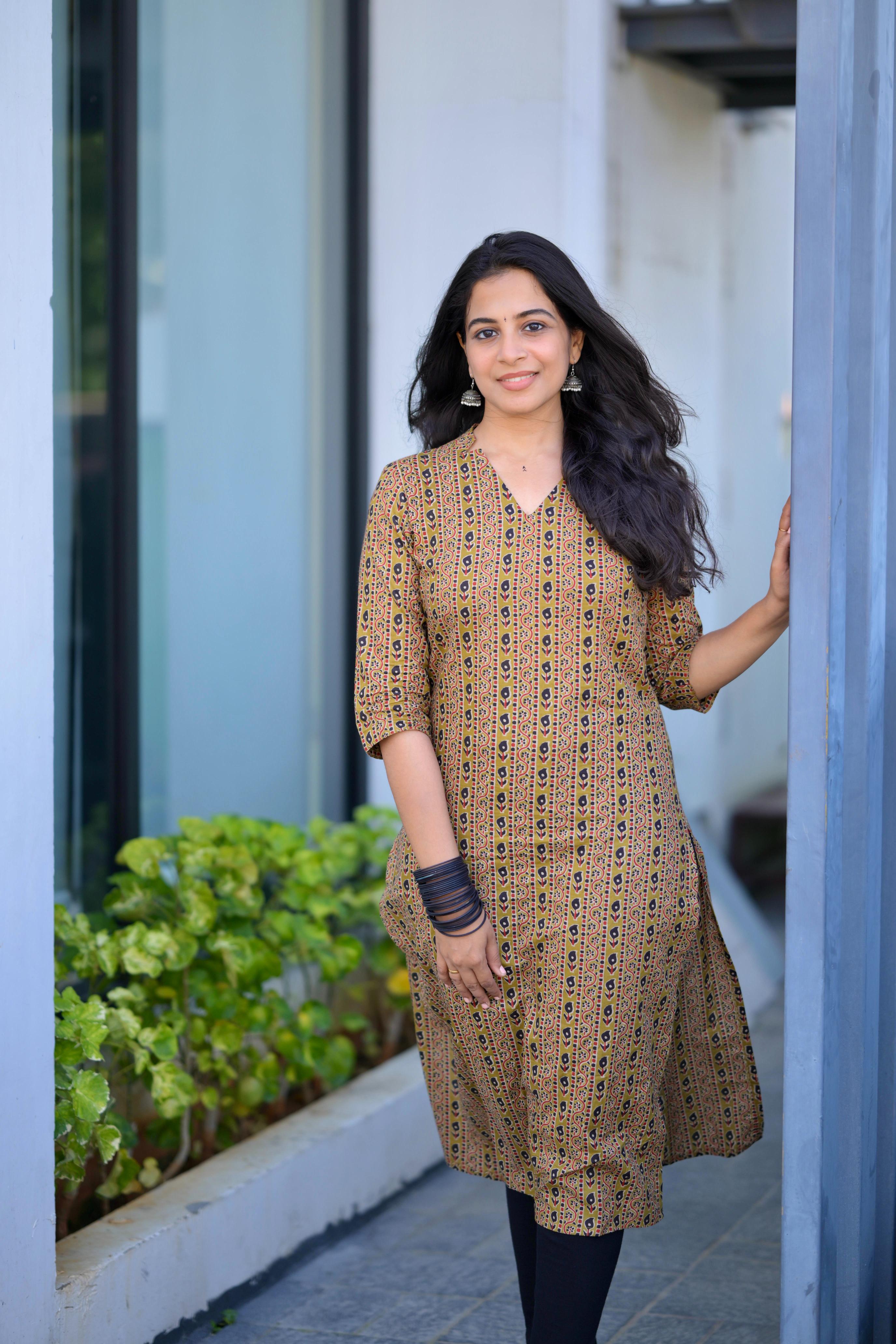 Kurti 92 - ajrakh hand block printed cotton kurta in green & black