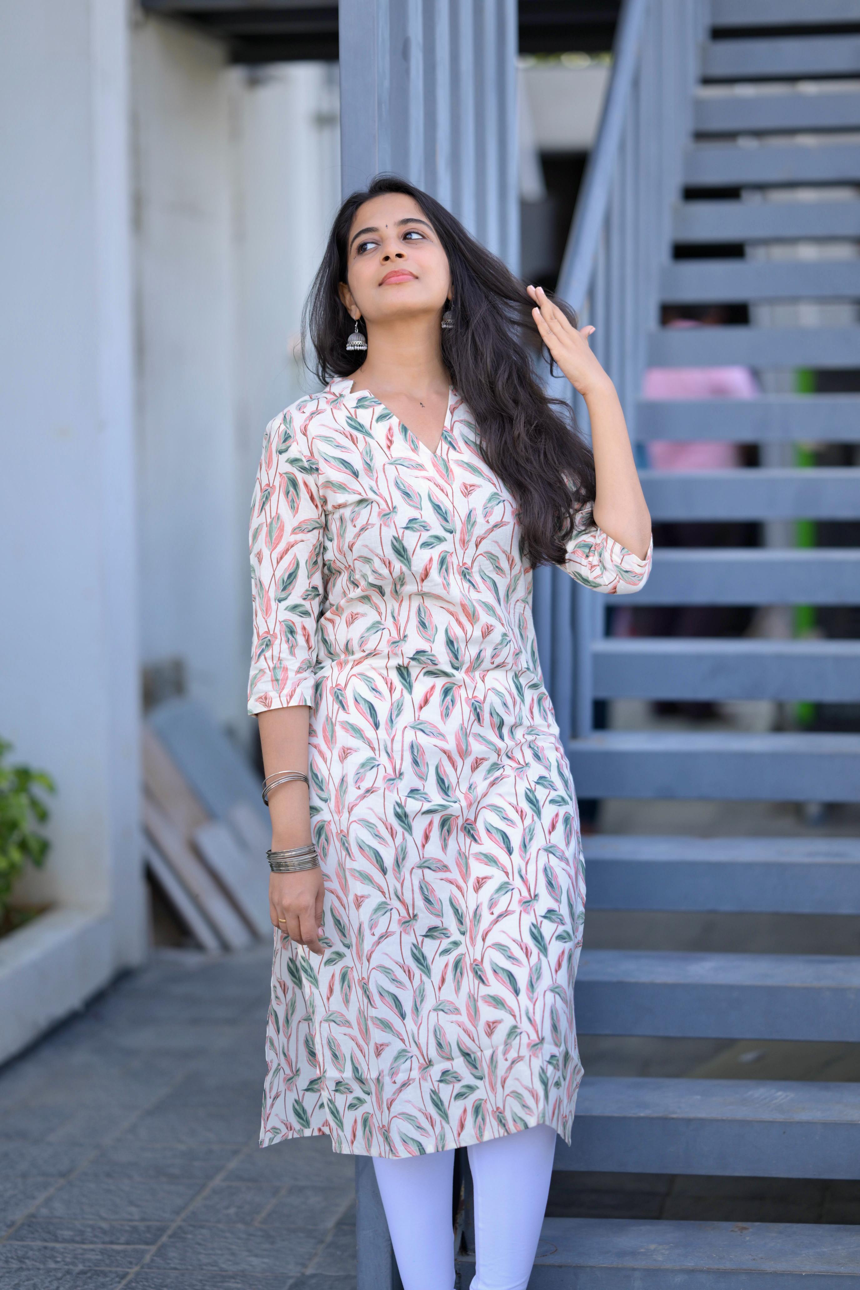 Kurti 94 - leaf hand block printed cotton kurta in white