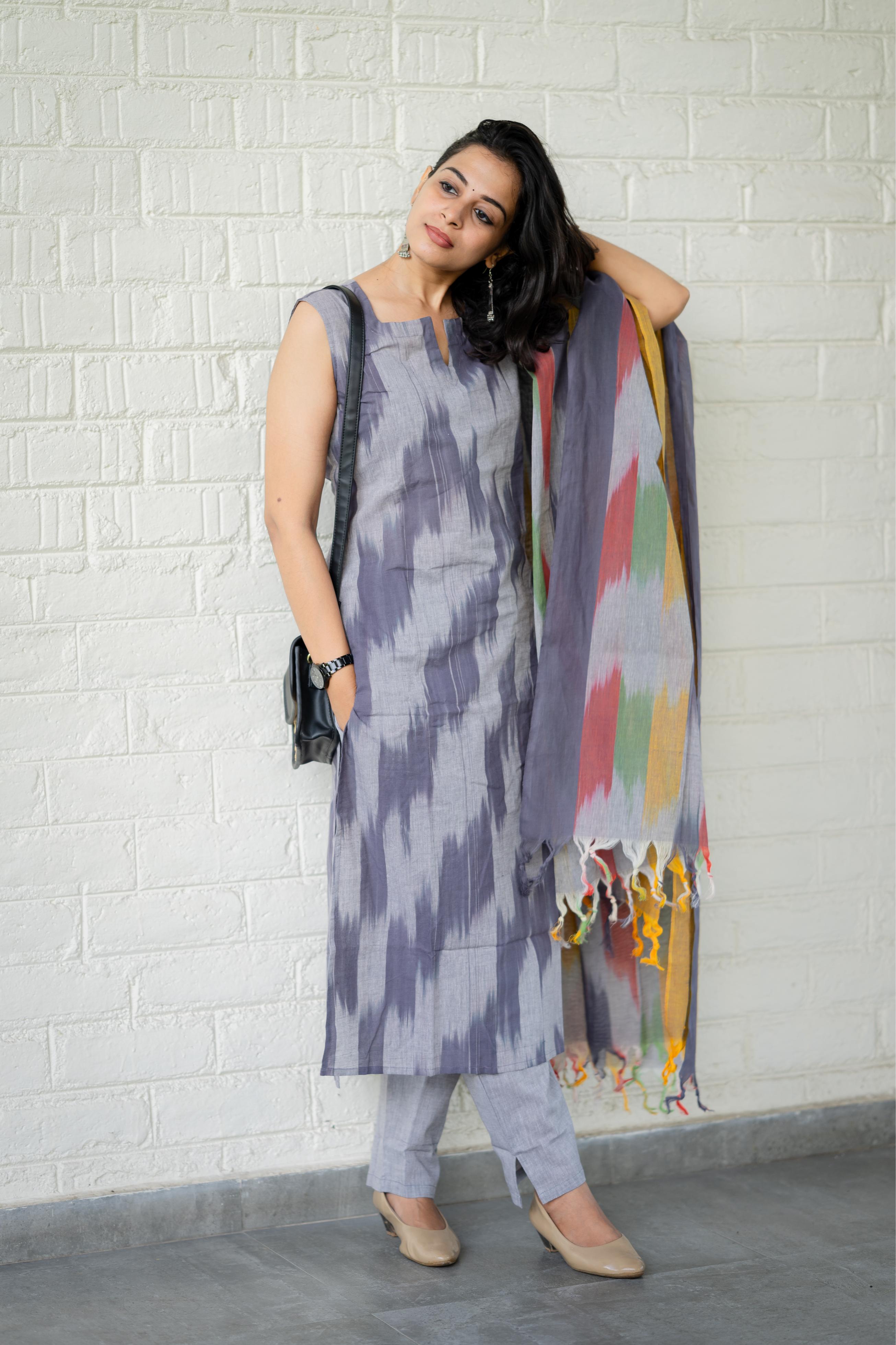 Kalki ( grey ) - ikat handloom cotton suit set with dupatta in grey colour