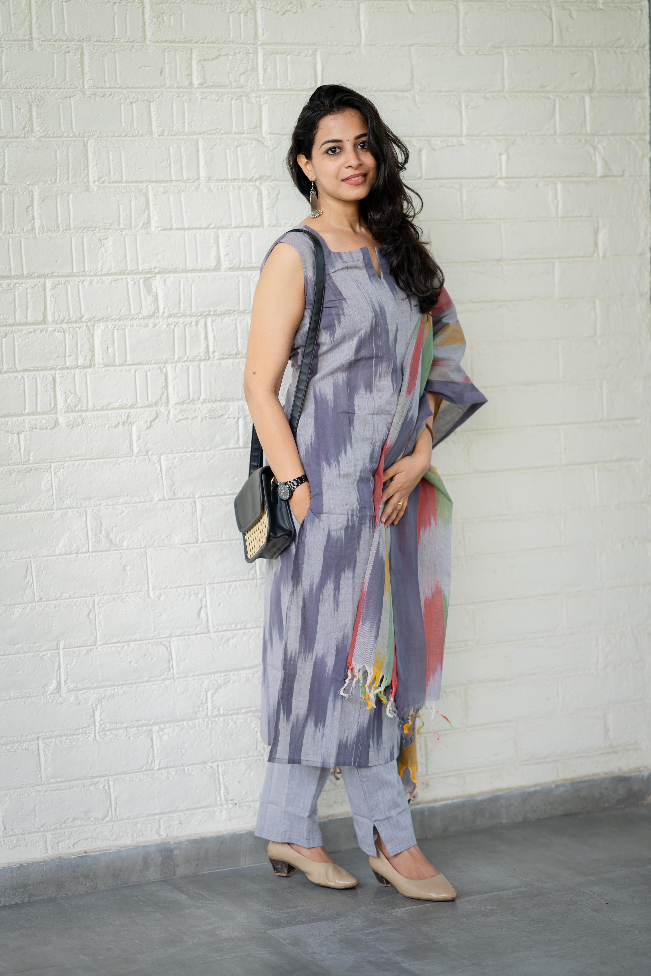 Kalki ( grey ) - ikat handloom cotton suit set with dupatta in grey colour