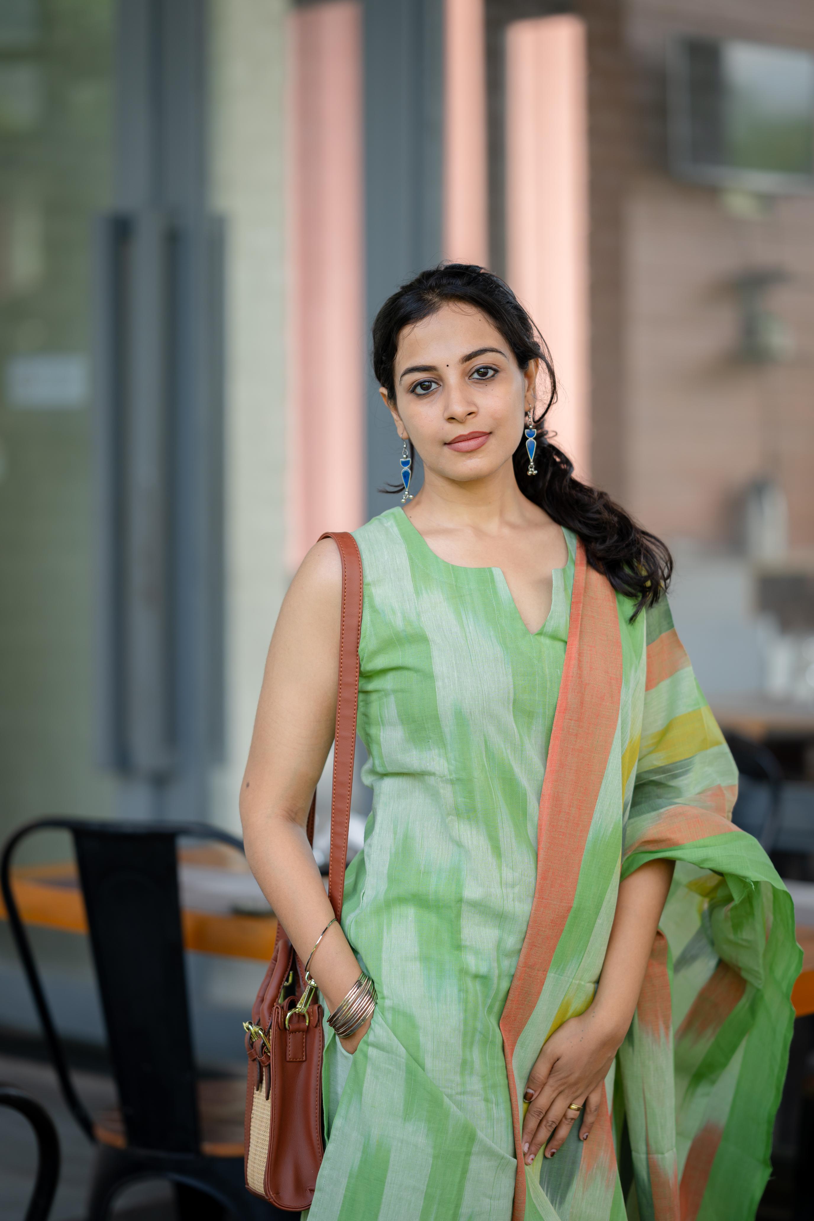 Kalki ( green ) - ikat handloom cotton suit set with dupatta in green colour
