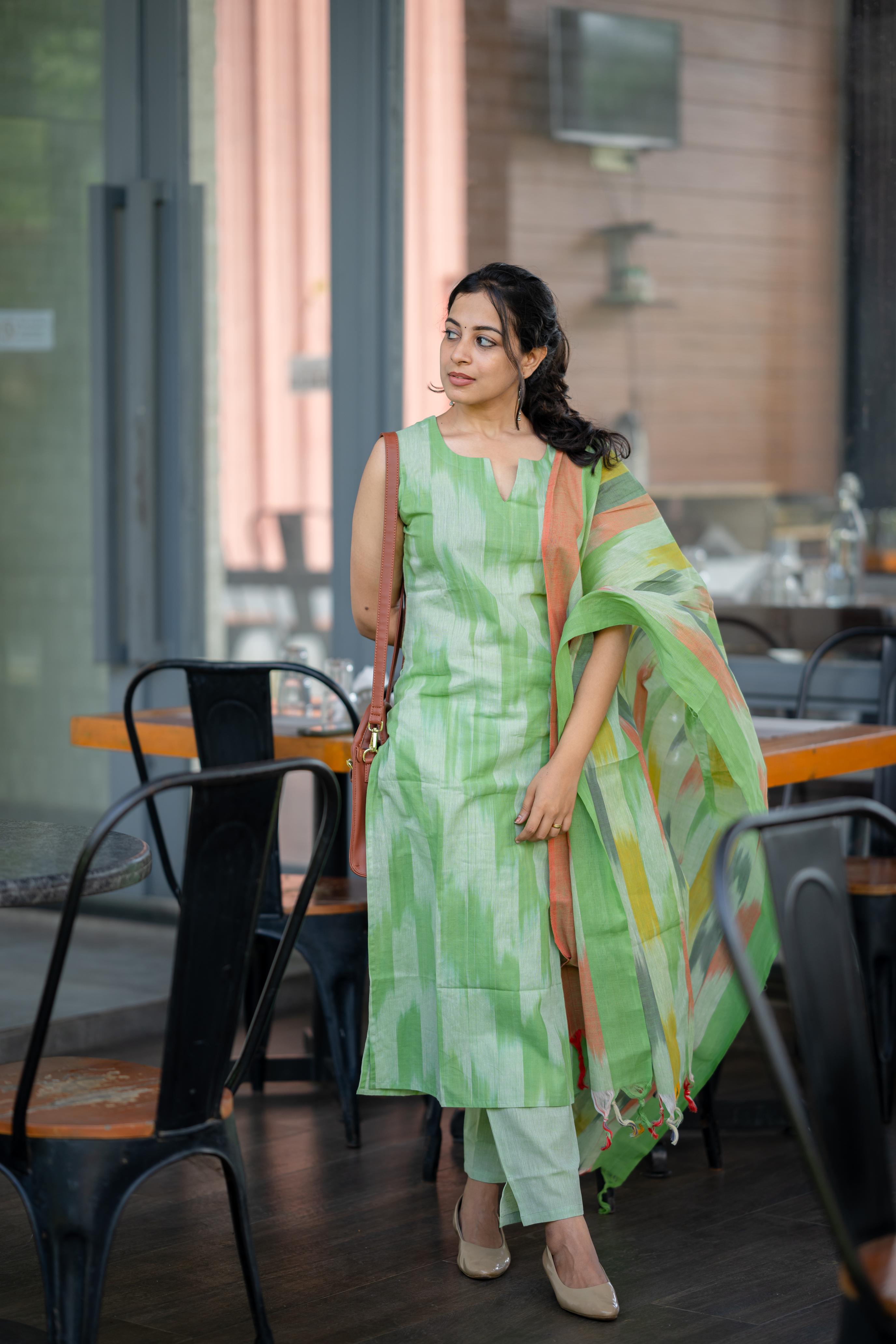 Kalki green ikat handloom cotton suit set with dupatta in