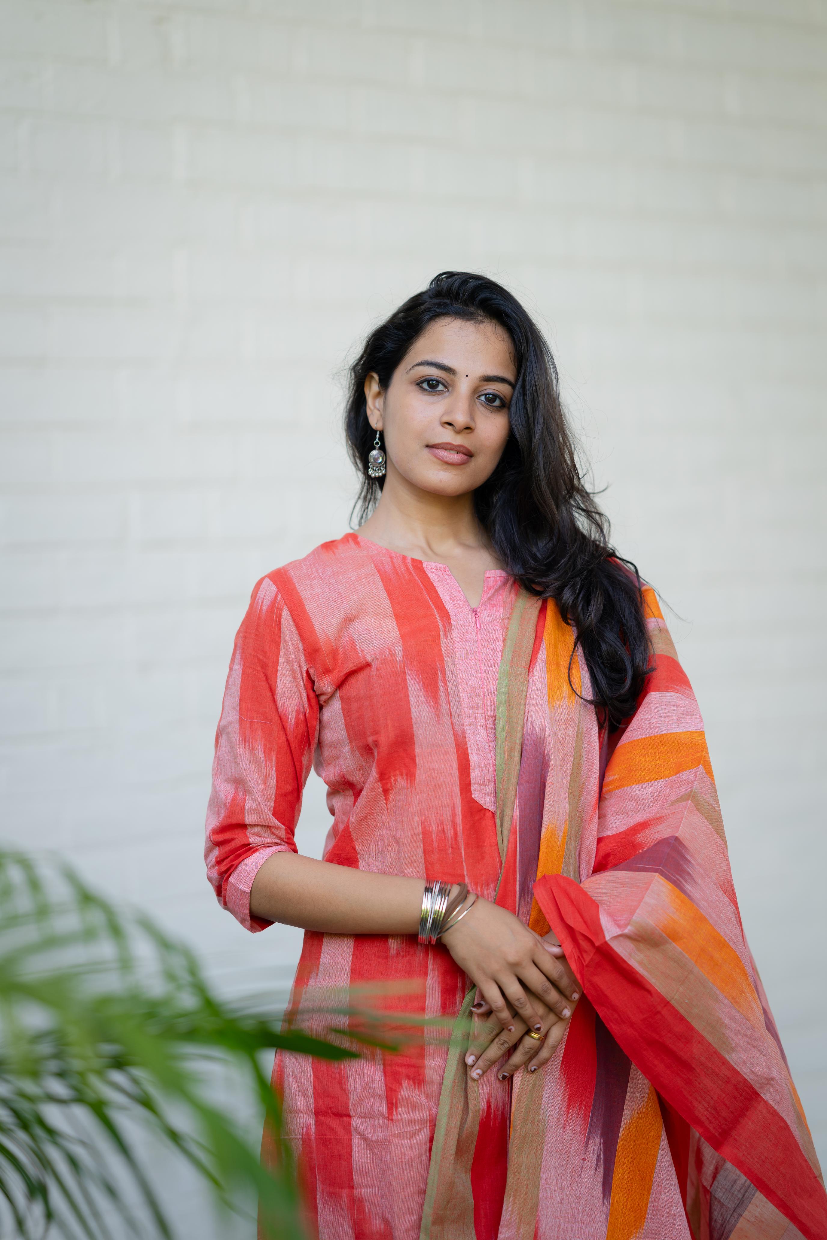 Kalki ( peach ) - ikat handloom cotton suit set with dupatta in peach colour