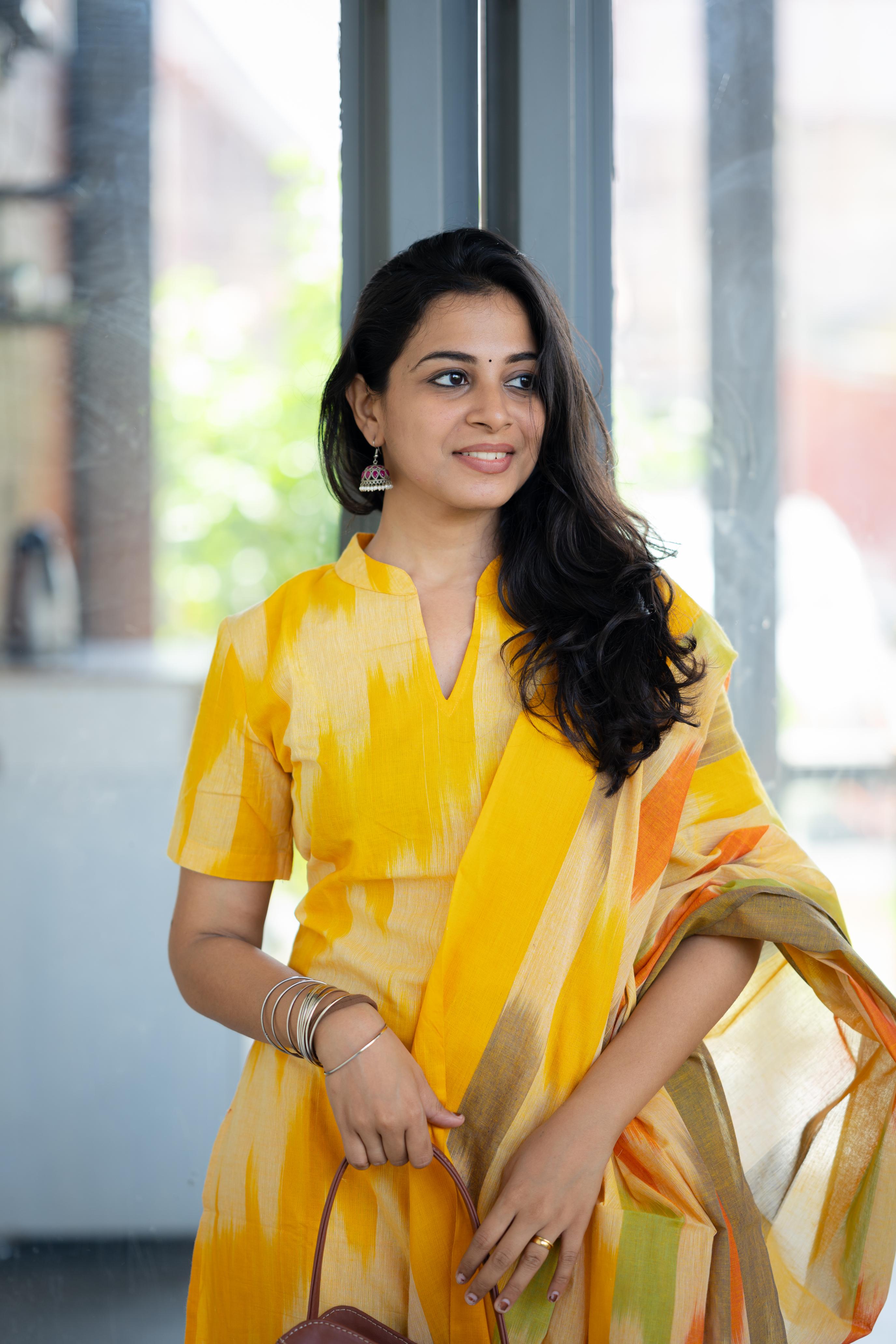 Kalki ( yellow ) - ikat handloom cotton suit set with dupatta in yellow colour