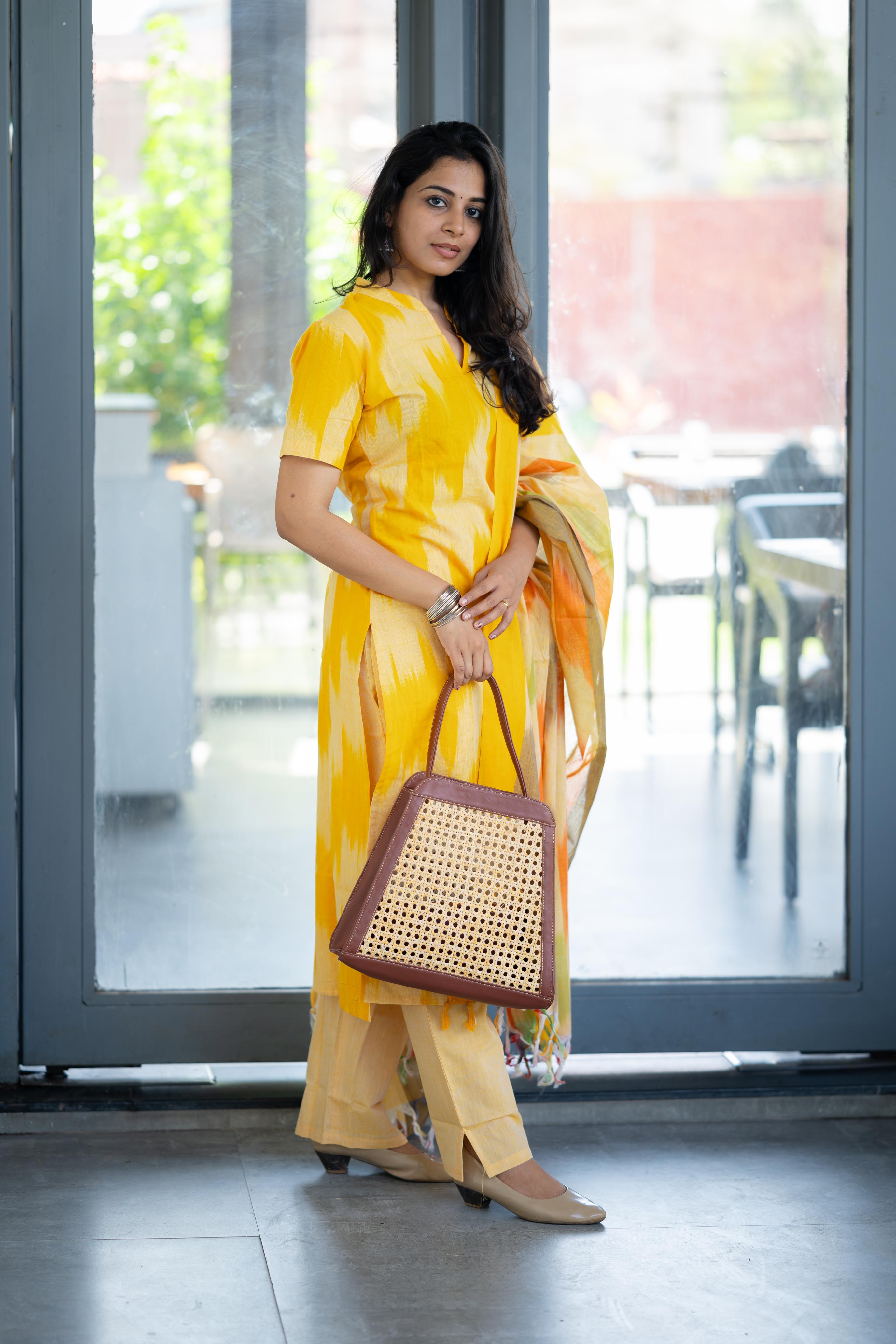 Kalki ( yellow ) - ikat handloom cotton suit set with dupatta in yellow colour