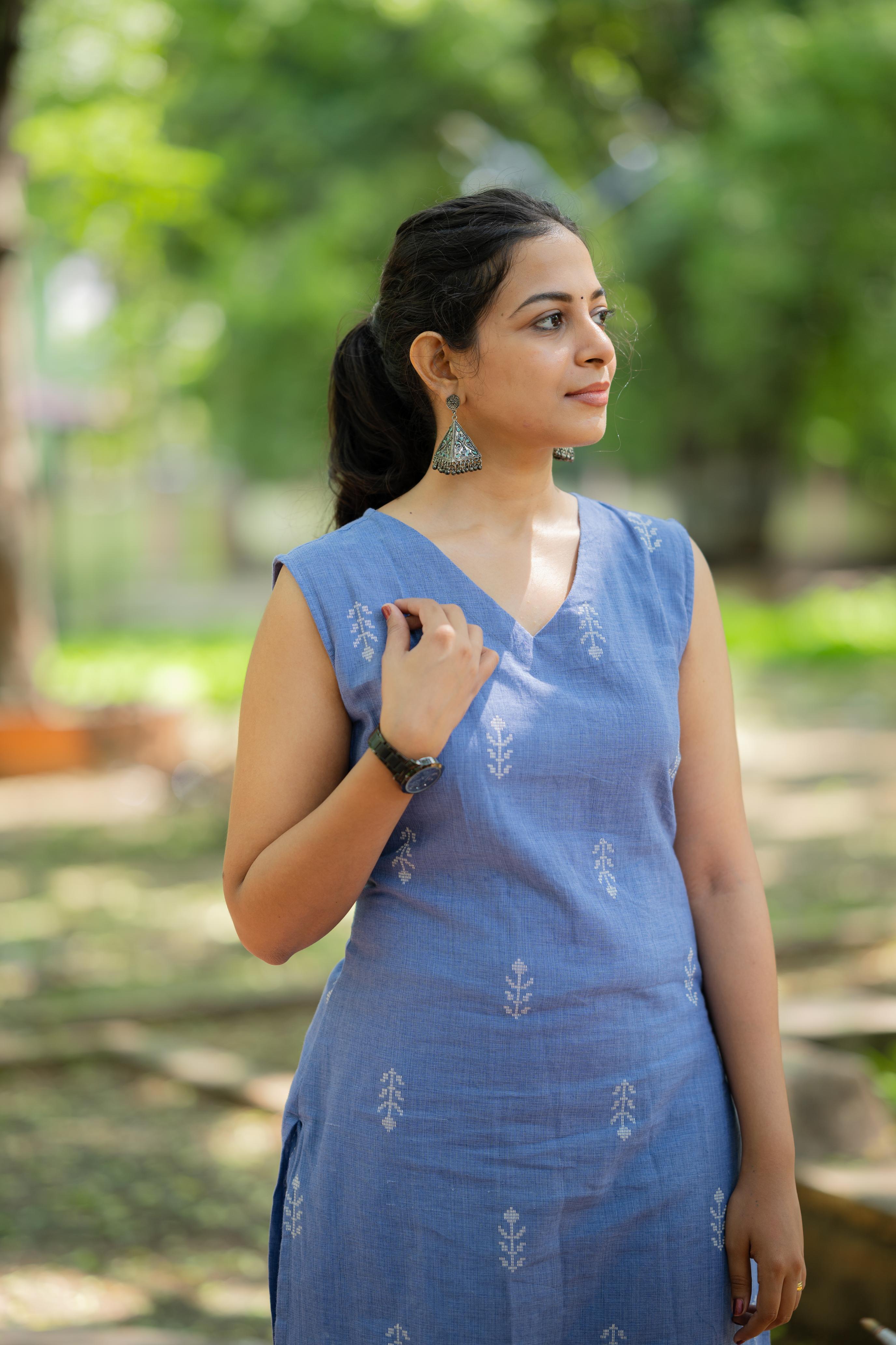 Janhavi (denim blue)-2 - handloom cotton with hand woven buttas cotton kurta set with flared palazzo pants in denim blue