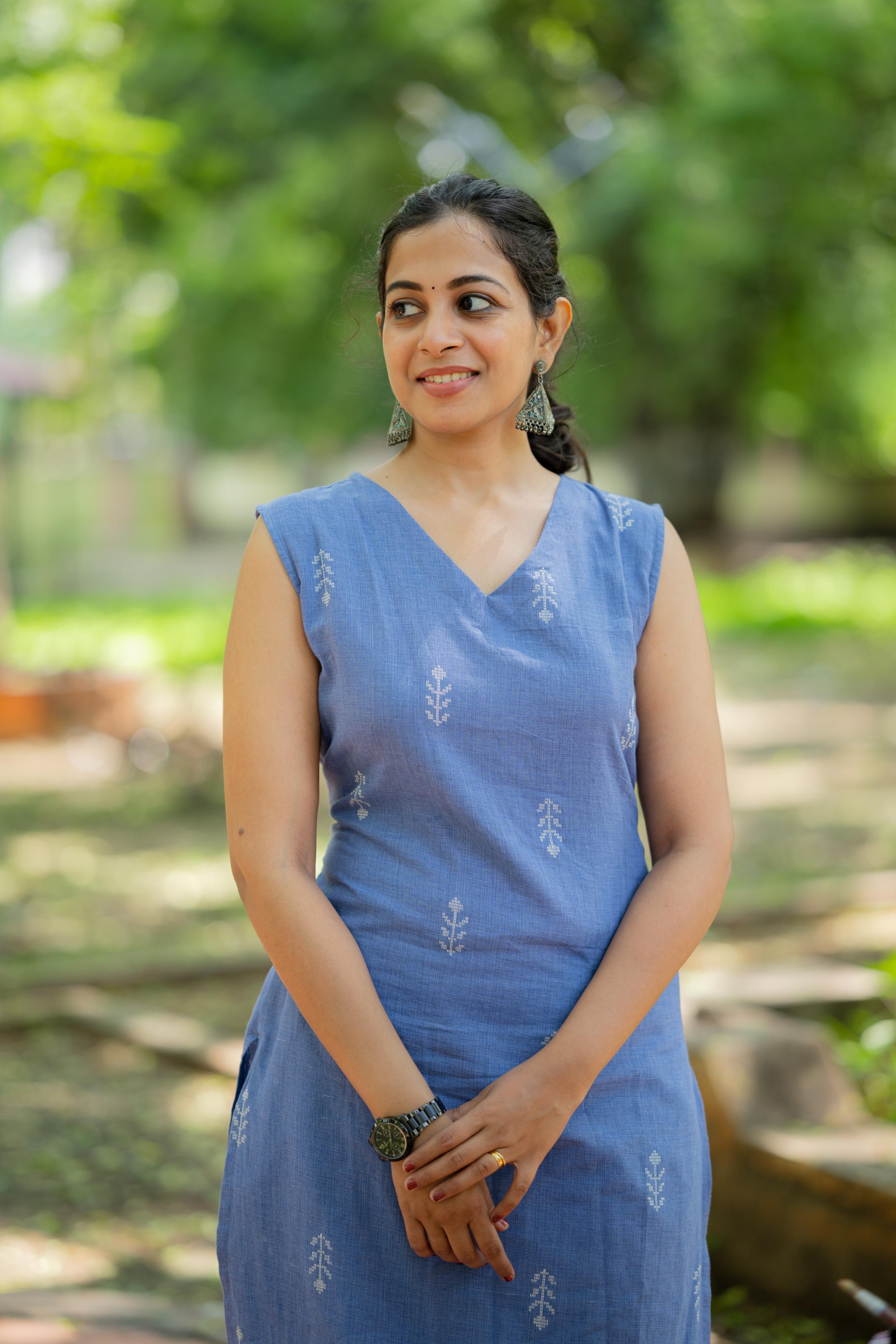 Janhavi (denim blue)-2 - handloom cotton with hand woven buttas cotton kurta set with flared palazzo pants in denim blue