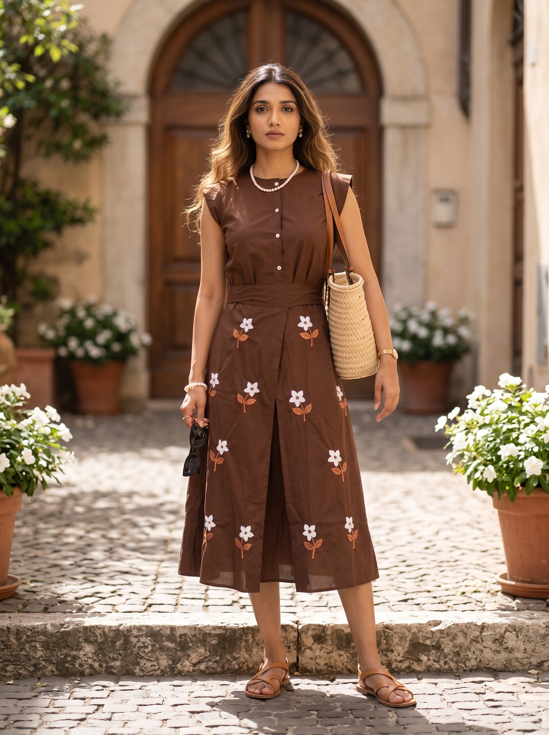Embroidered Dress 5 – Pure Flex Handloom Cotton Dress with Floral Embroidery in Chocolate Brown