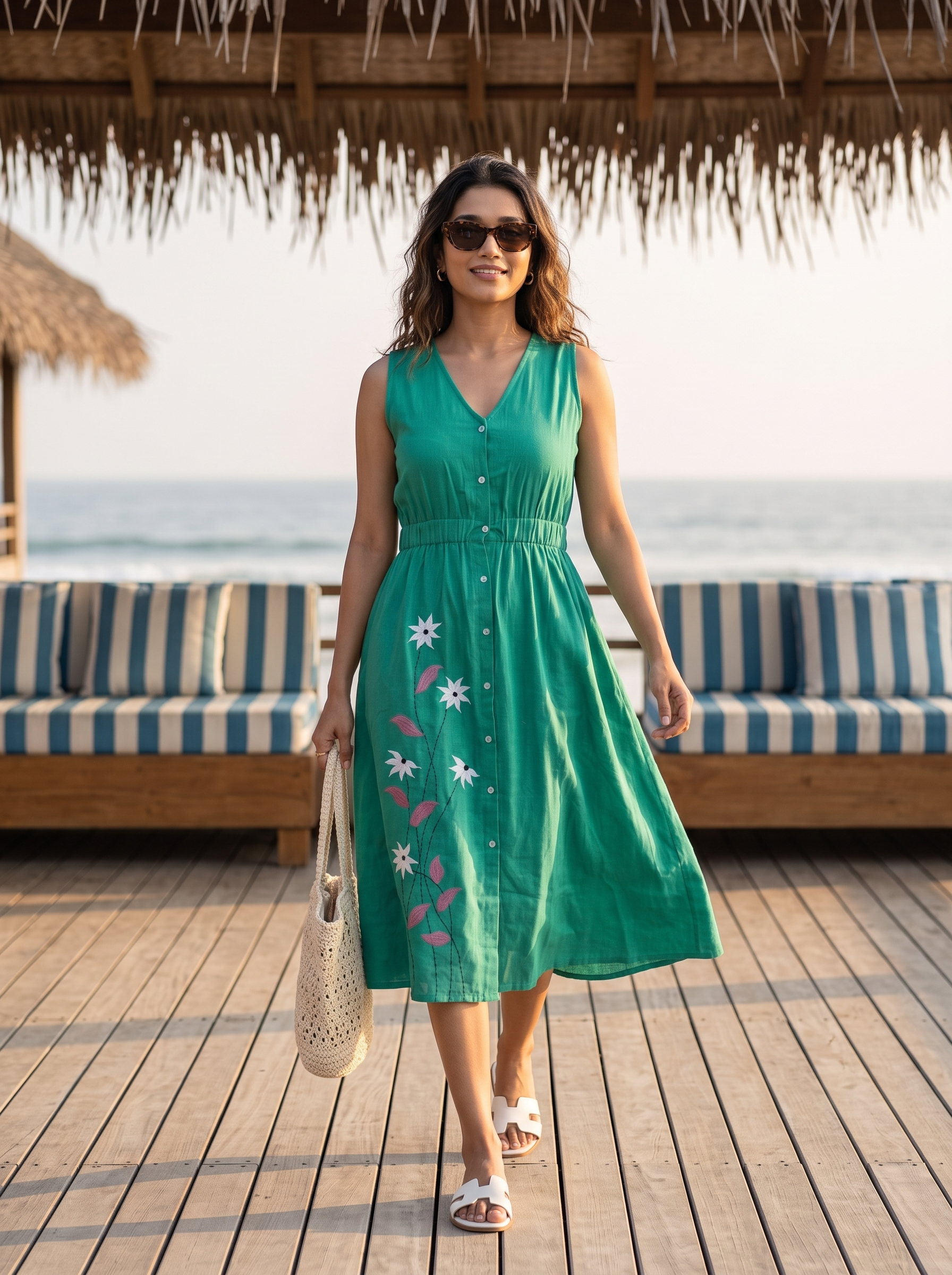Embroidered Dress 6 – Pure Flex Handloom Cotton Dress with Botanical Vines in Teal Green