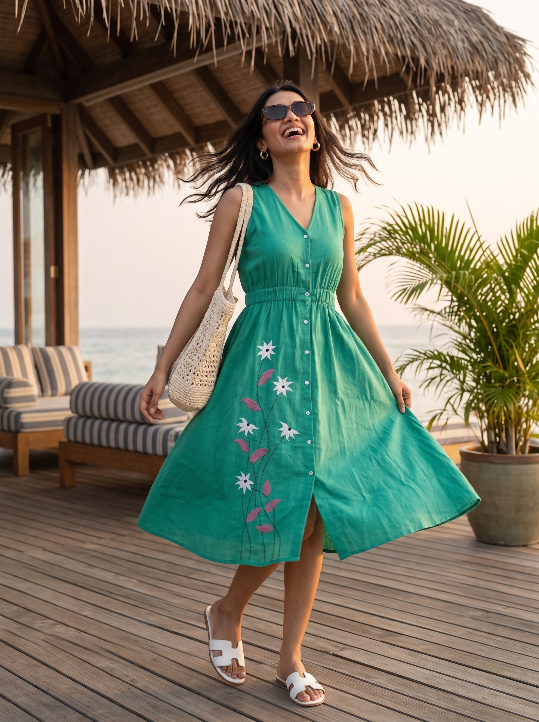 Embroidered Dress 6 – Pure Flex Handloom Cotton Dress with Botanical Vines in Teal Green