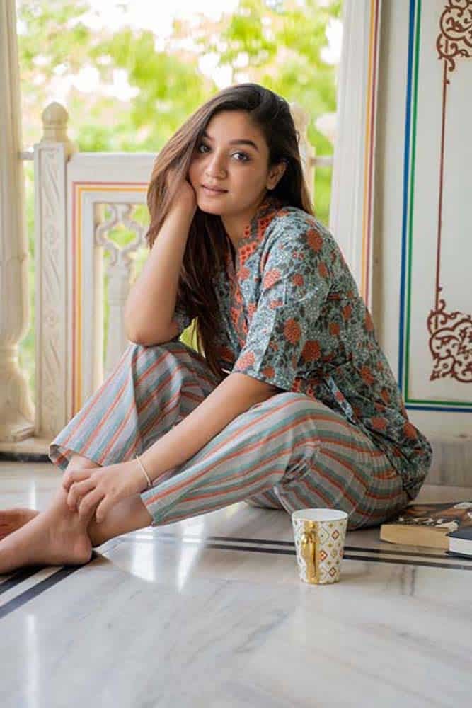 Pastel green kimono lounge wear - Floral hand block printed strings on the top with Waves and striped printed pyjamas