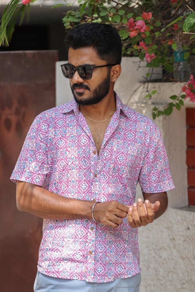 Shirt - 6 -  handblock Abstract ajrakh  dabu  printed organic cotton shirt in lavander and pink