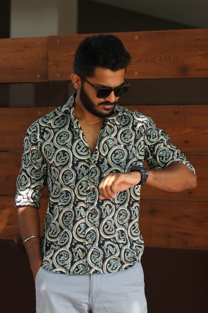 shirt - 2 - Abstract ajrakh handblock organic printed shirt in green