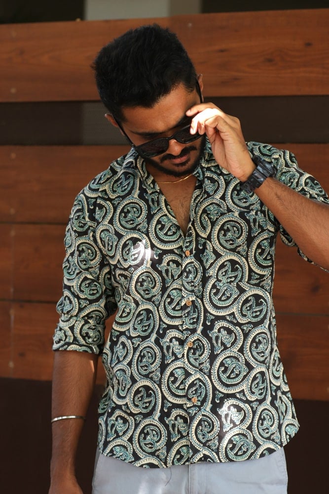 shirt - 2 - Abstract ajrakh handblock organic printed shirt in green