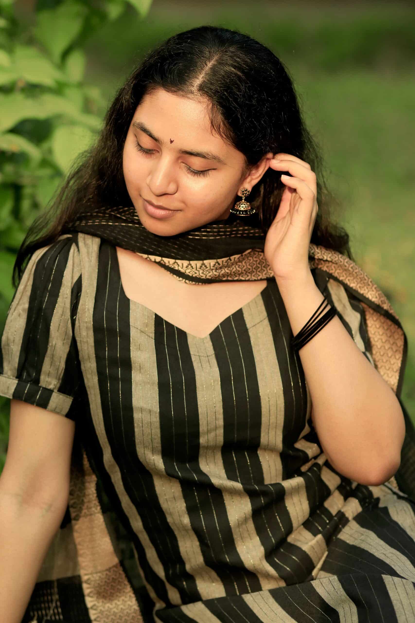 Margazhi (black) - handloom cotton silk suit set with dupatta in black