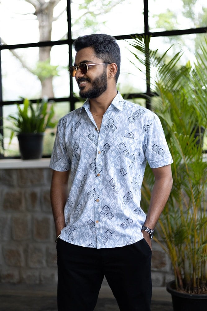 shirt - 8 -  handblock  abstract ajrakh dabu printed organic cotton shirt in white and black