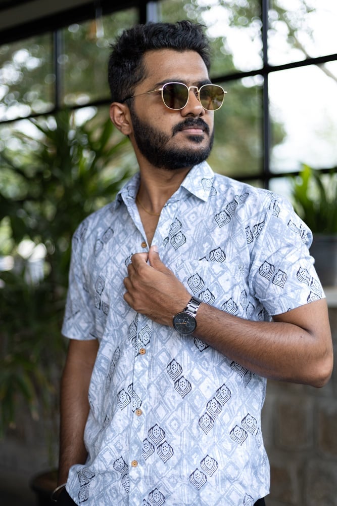 shirt - 8 -  handblock  abstract ajrakh dabu printed organic cotton shirt in white and black