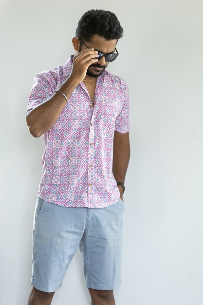 Shirt - 6 -  handblock Abstract ajrakh  dabu  printed organic cotton shirt in lavander and pink