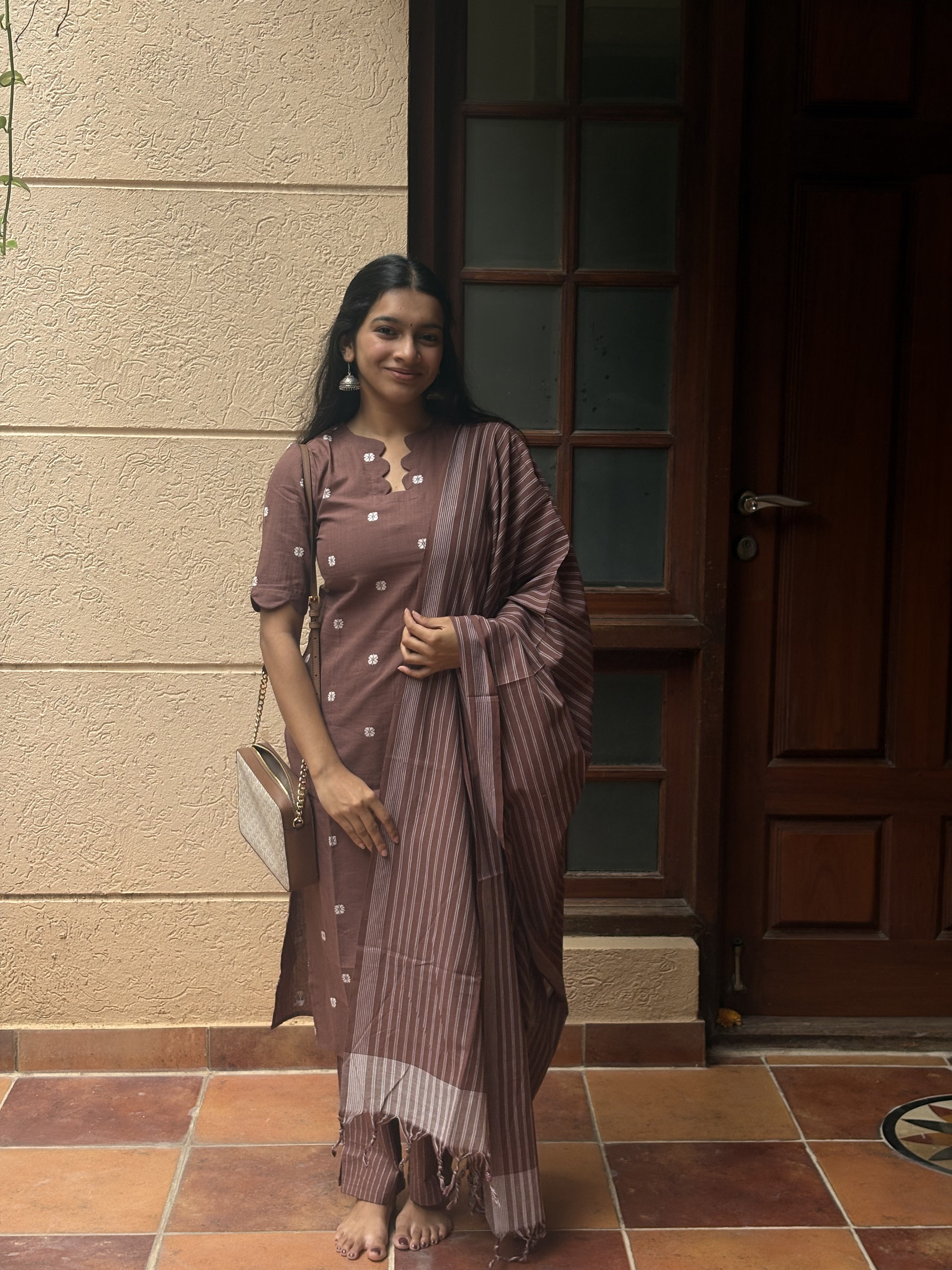 Kaveena (Cocoa Brown) – Silver Butta Handloom Cotton Kurta Set with Dupatta in Cocoa Brown