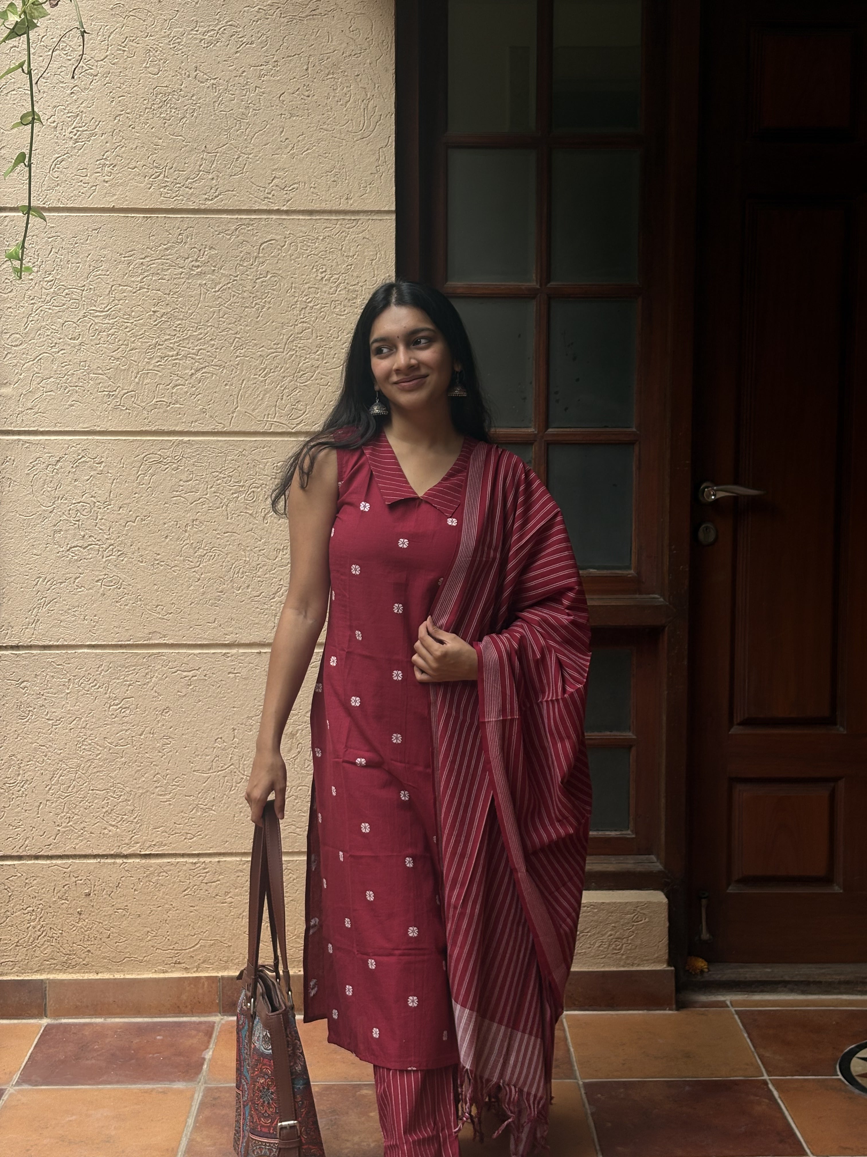 Kaveena (Maroon) – Silver Butta Handloom Cotton Kurta Set with Dupatta in Wine Maroon