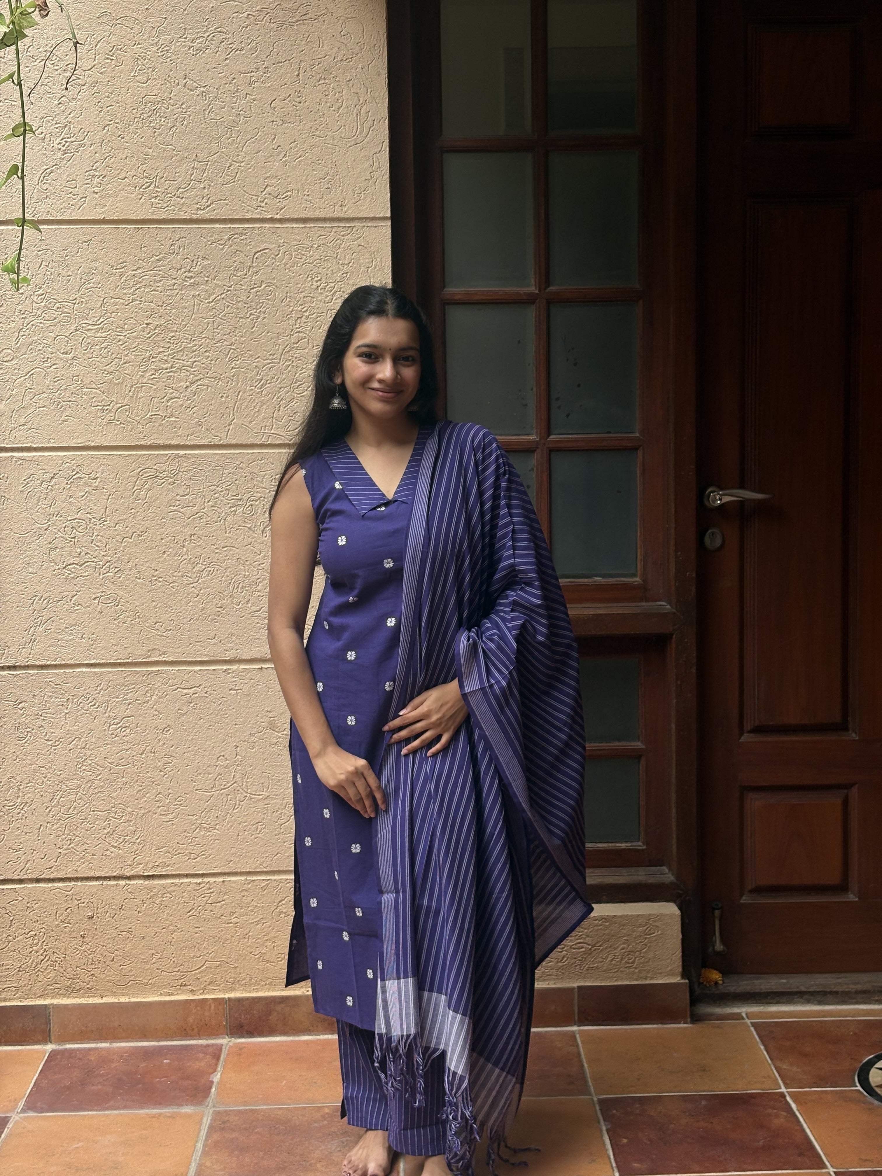 Kaveena (Violet) – Silver Butta Handloom Cotton Kurta Set with Dupatta in Royal Violet