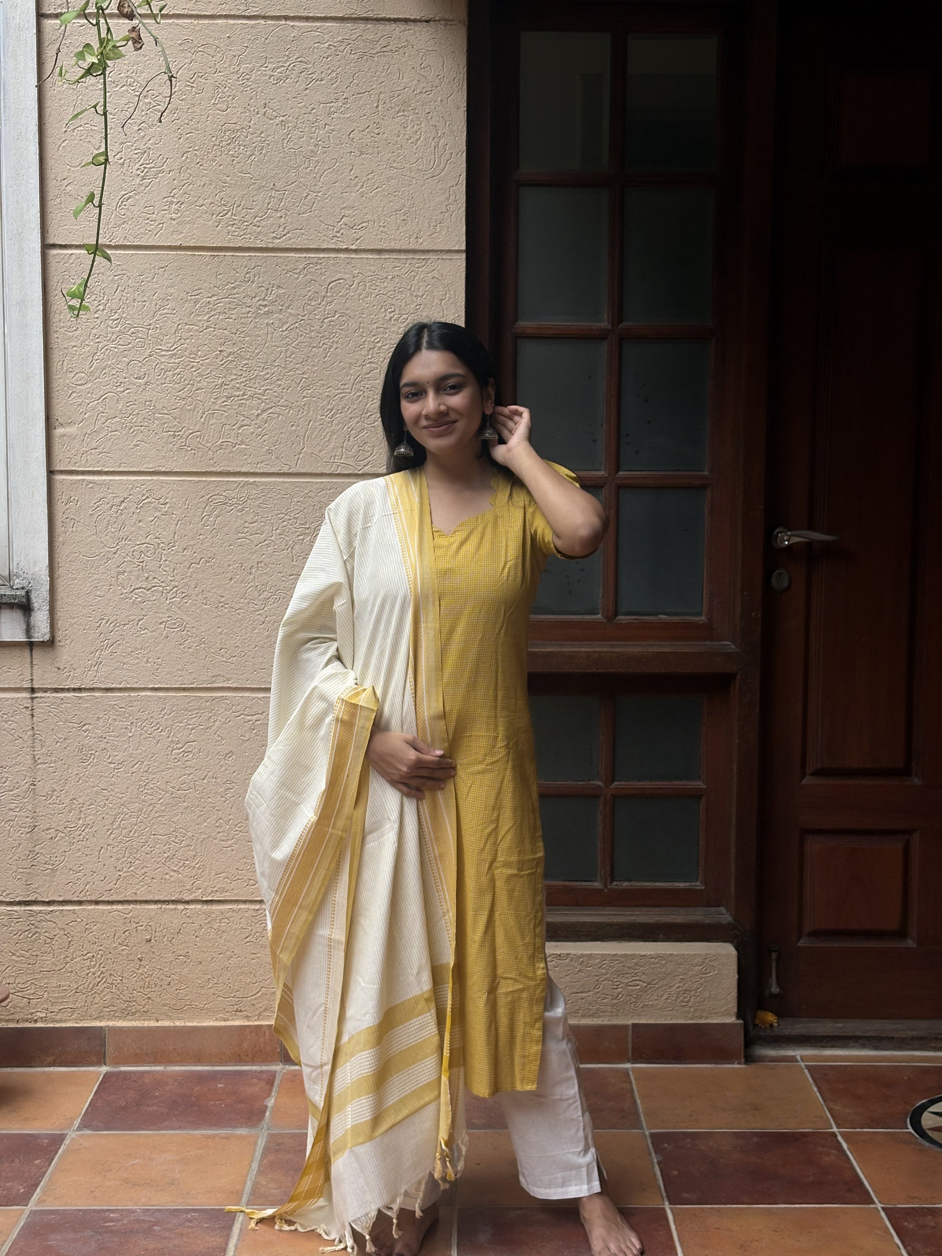 Ilaveni (Mustard Yellow) – Subtle Checks Handloom Cotton Kurta Set with Dupatta in Mustard Yellow