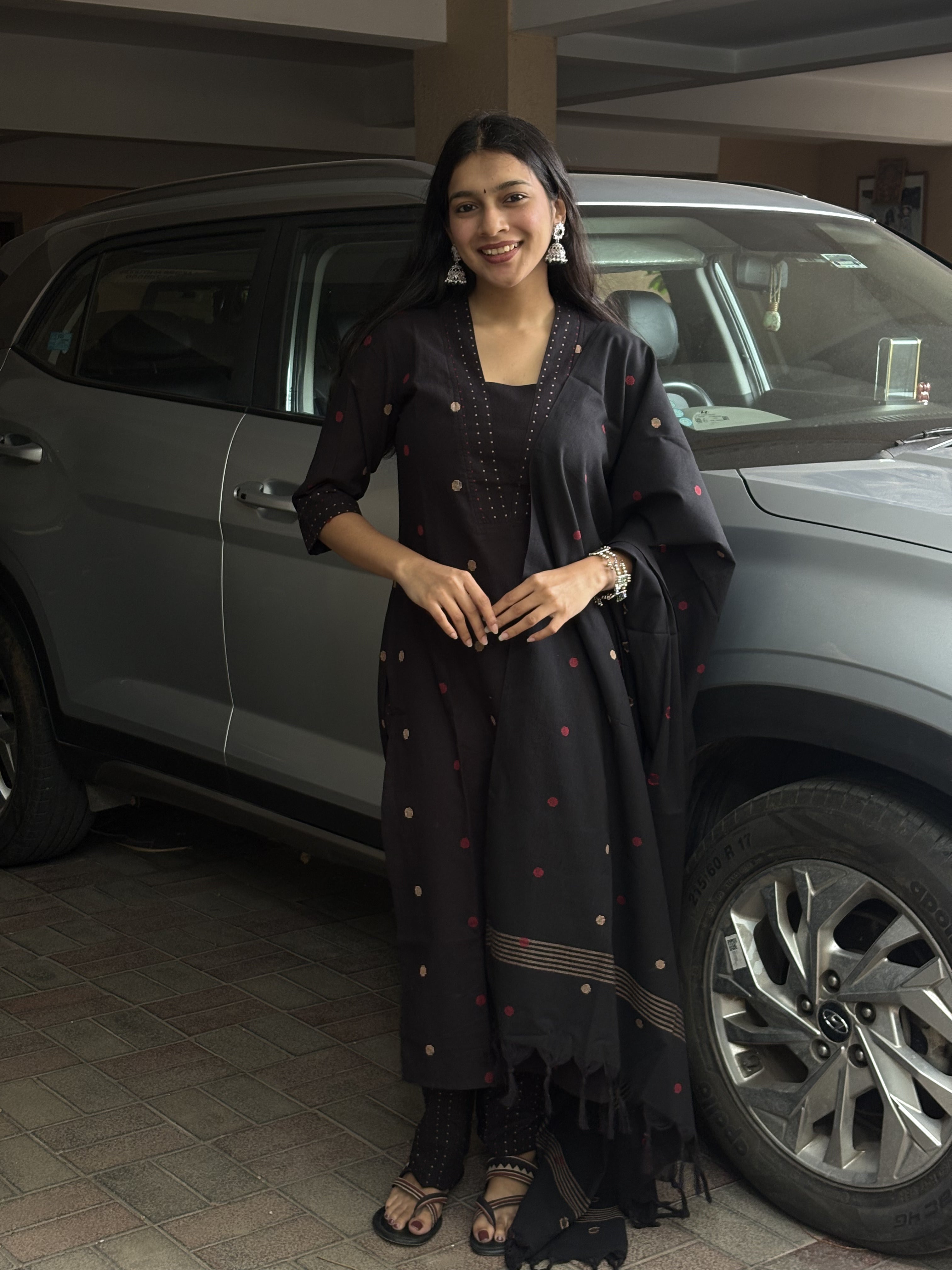 Tanvika (Black) – Polka Dot Woven Pure Handloom Cotton Suit Set in Black