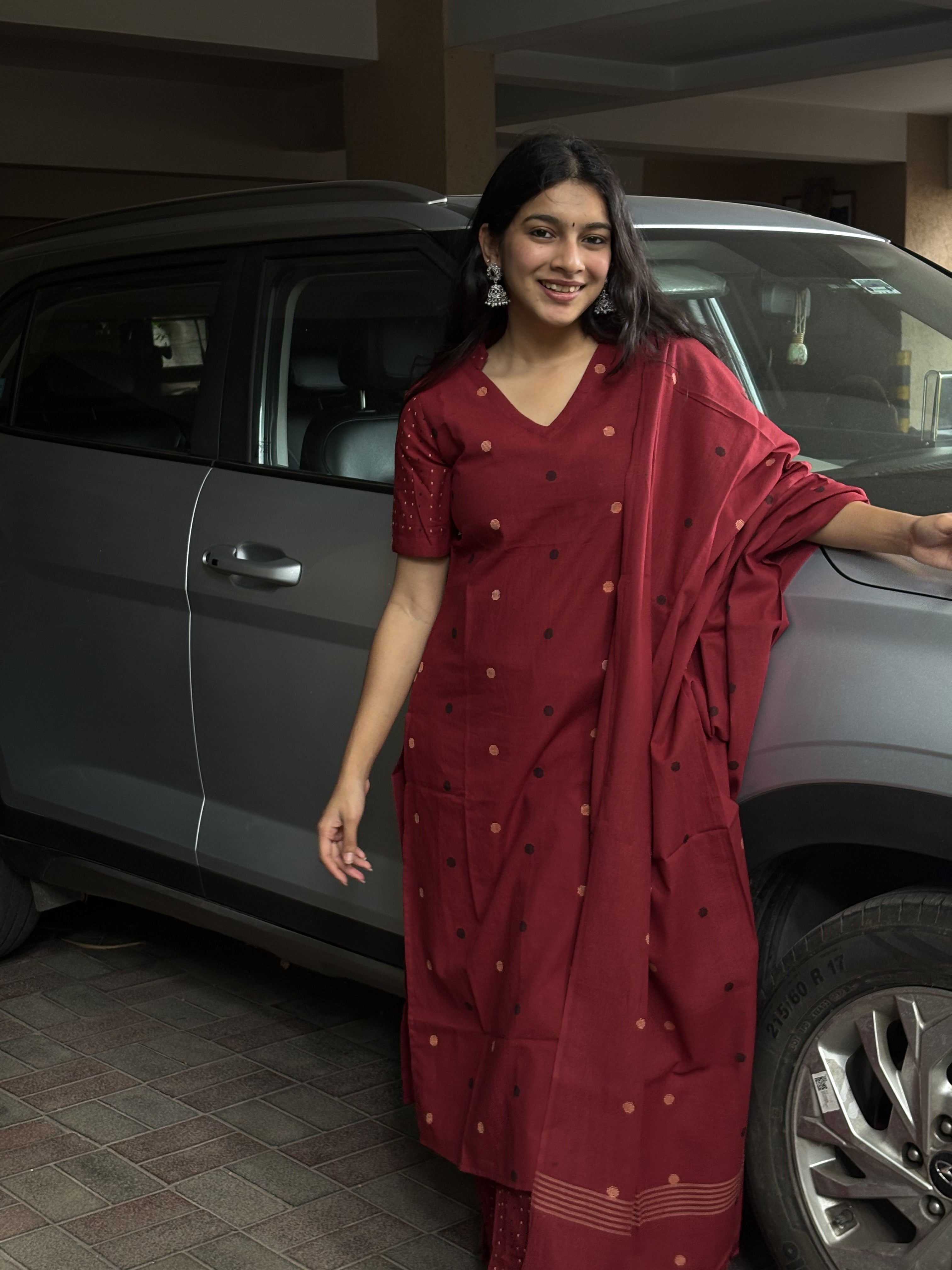 Tanvika (Red) – Polka Dot Woven Pure Handloom Cotton Suit Set in Red