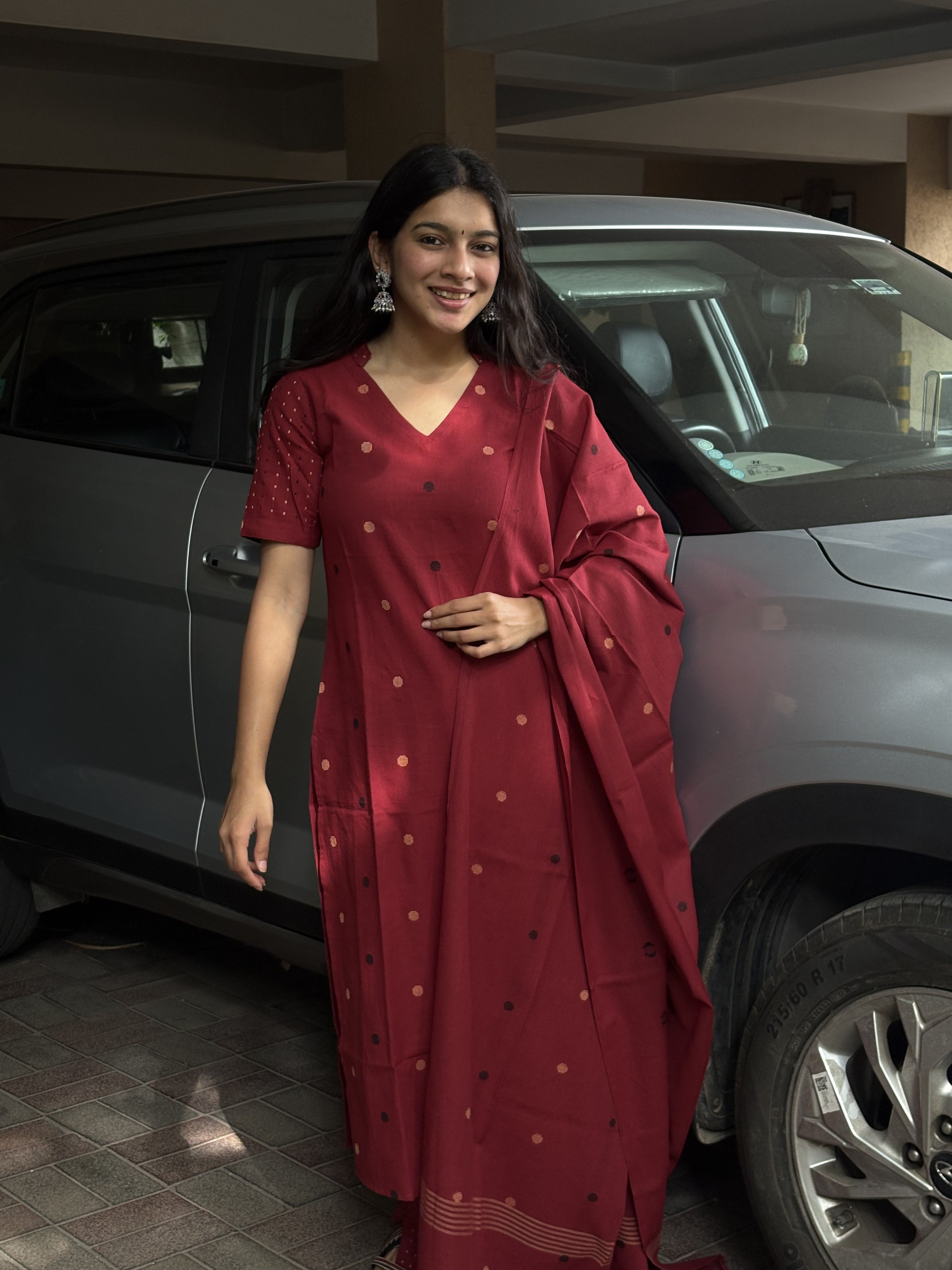 Tanvika (Red) – Polka Dot Woven Pure Handloom Cotton Suit Set in Red